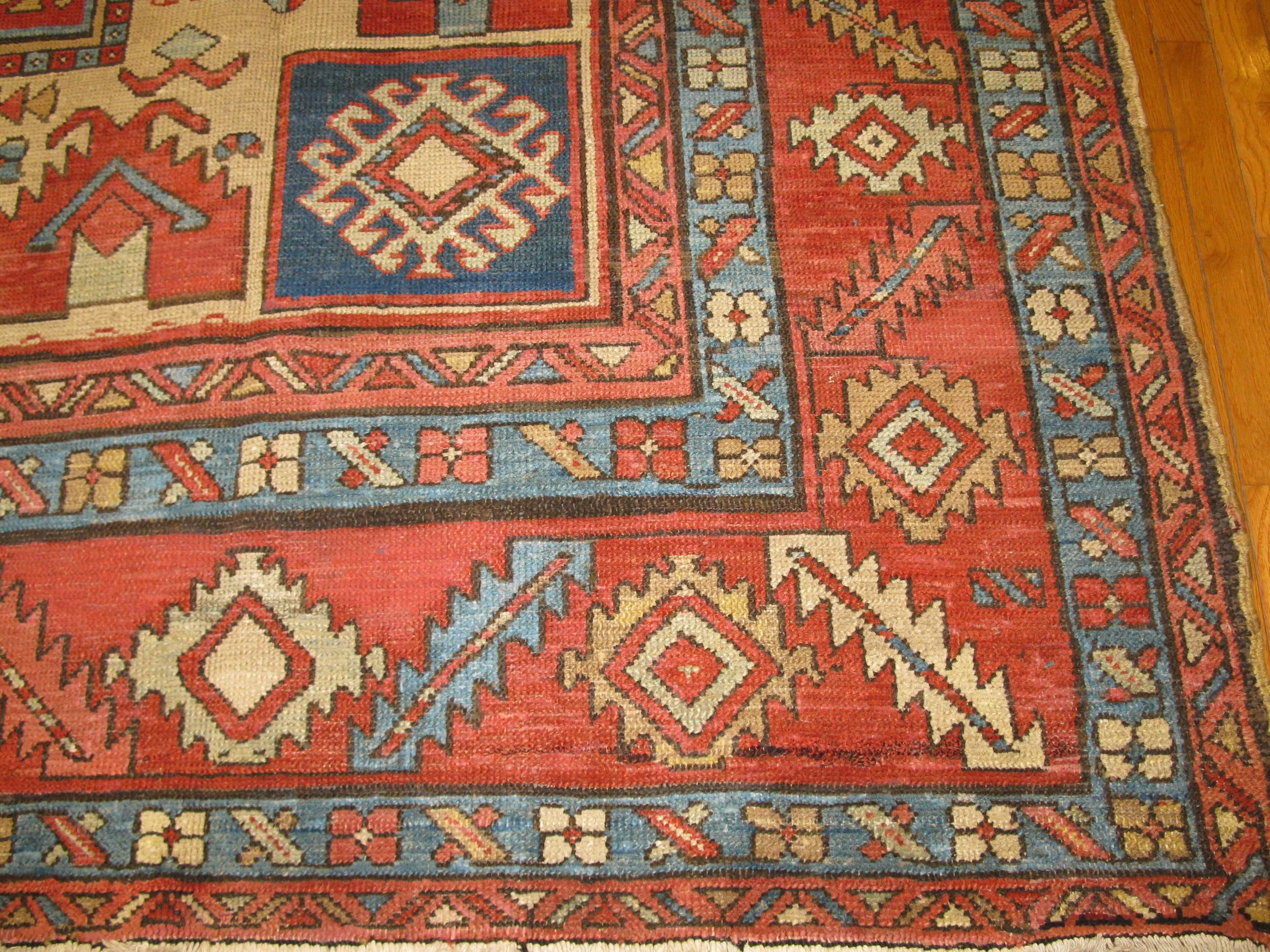 Hand-Knotted Room Size Antique Hand Knotted Wool Red Persian Serapi Rug For Sale