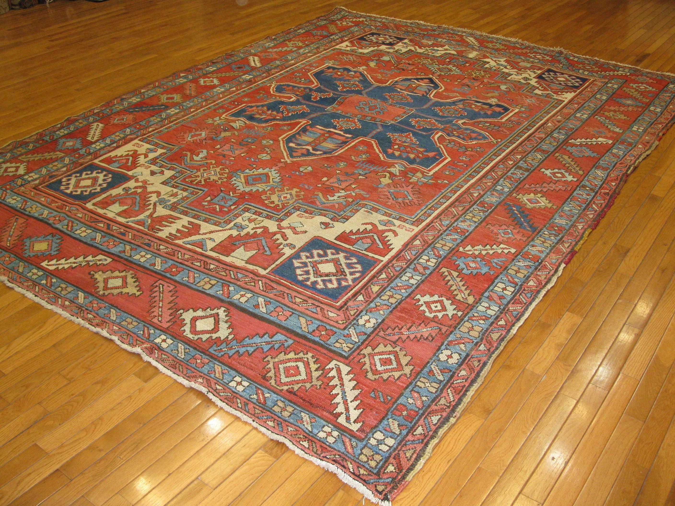 19th Century Room Size Antique Hand Knotted Wool Red Persian Serapi Rug For Sale