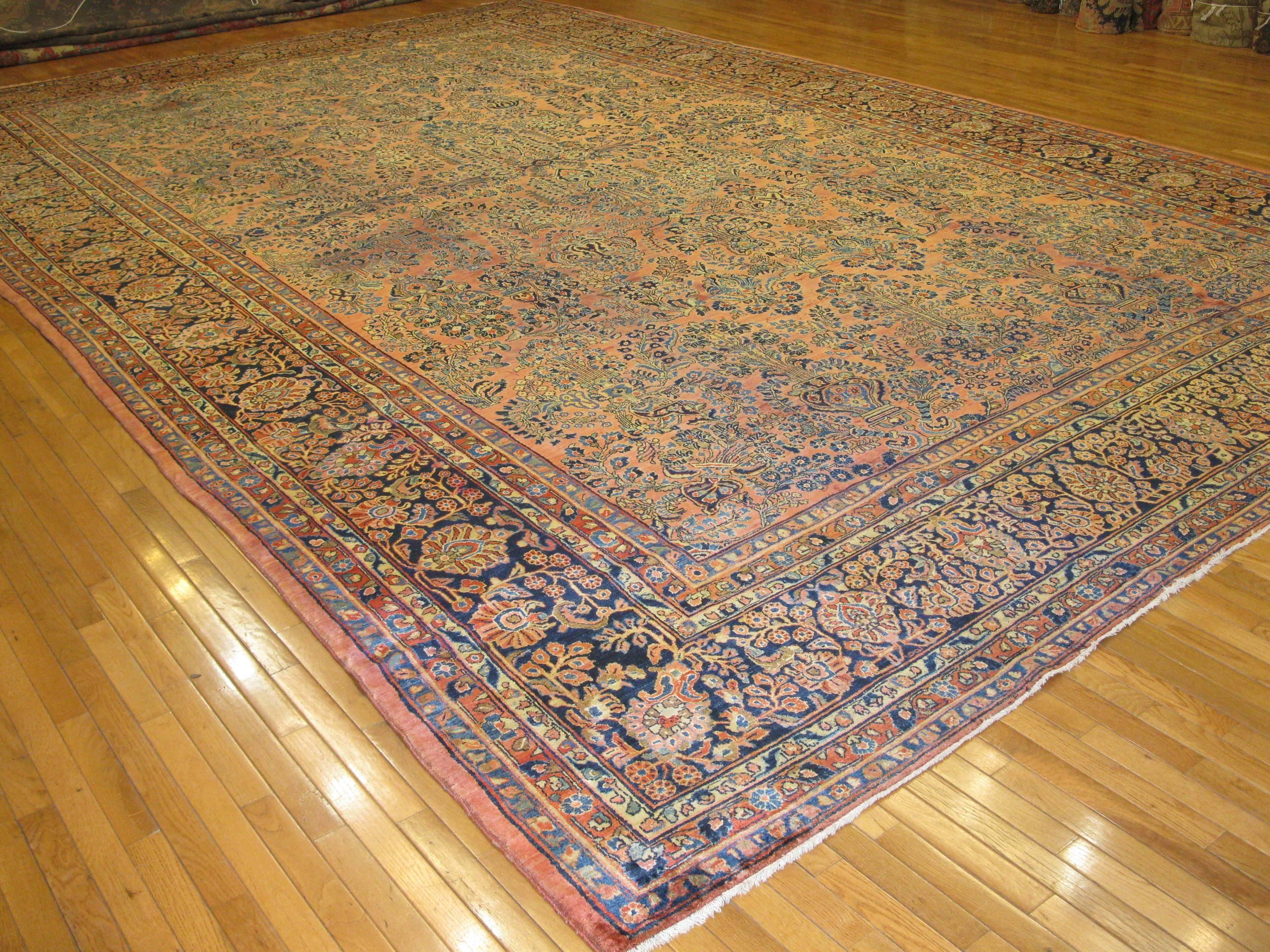 Wool Large Antique Hand-Knotted Persian Sarouk Rug For Sale