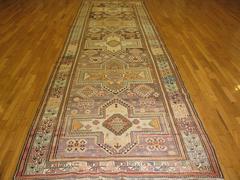 Long Antique Hand Knotted Wool Green Brown Red Caucasian Runner Rug
