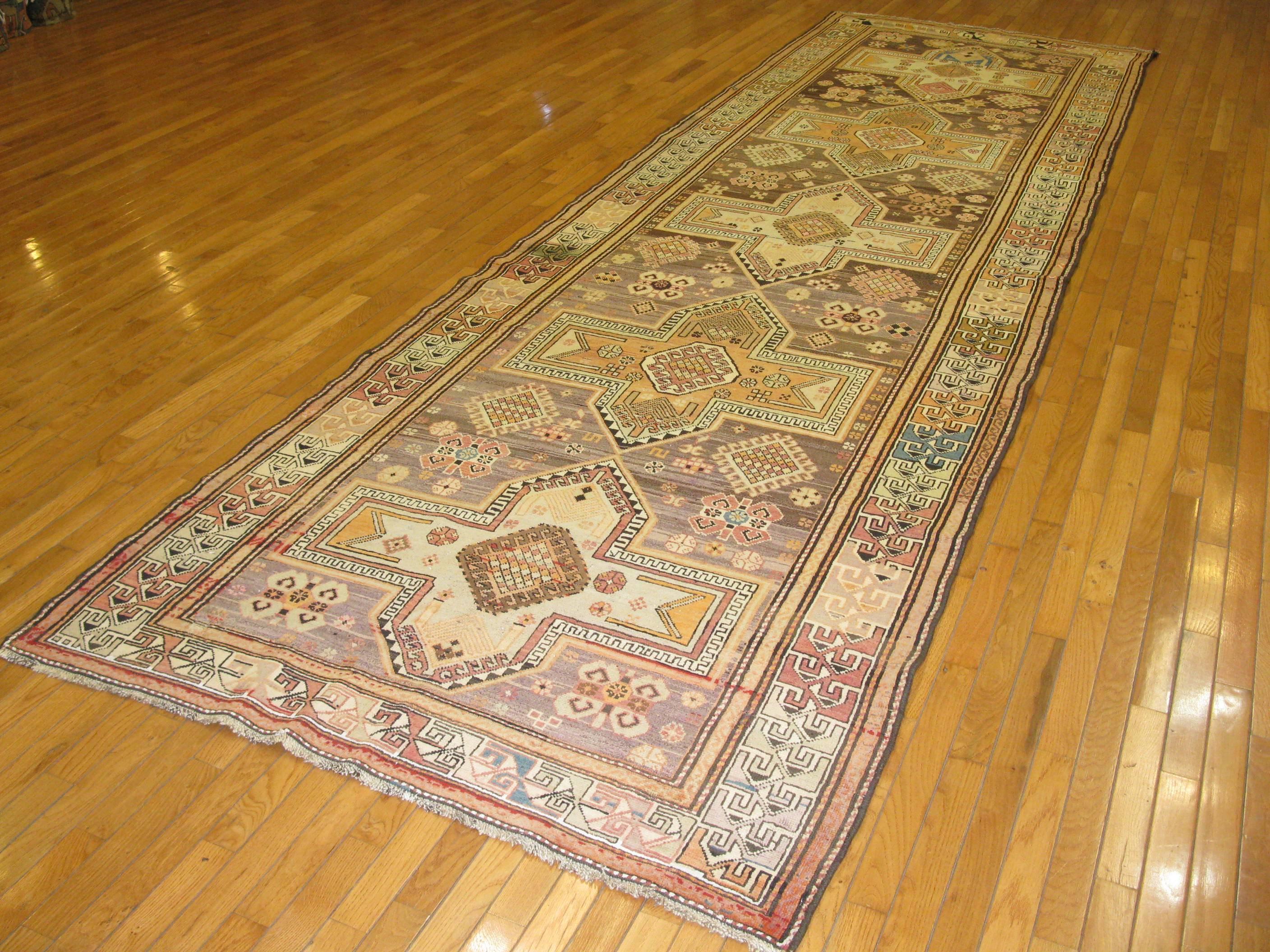 Long Antique Hand Knotted Wool Green Brown Red Caucasian Runner Rug In Excellent Condition For Sale In Atlanta, GA