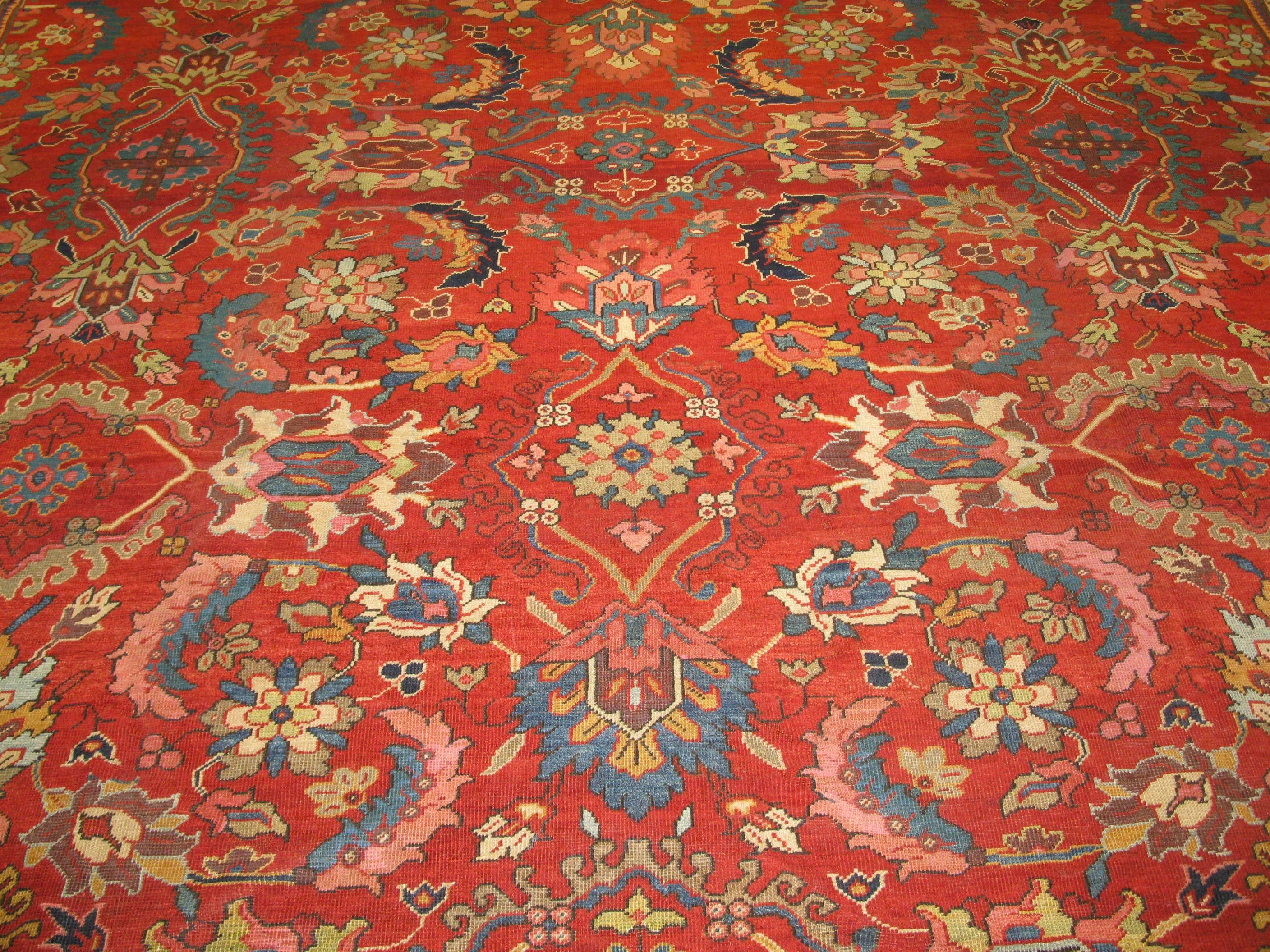 Other Large Antique Handmade Wool Red Navy Green Persian Mahal Rug For Sale