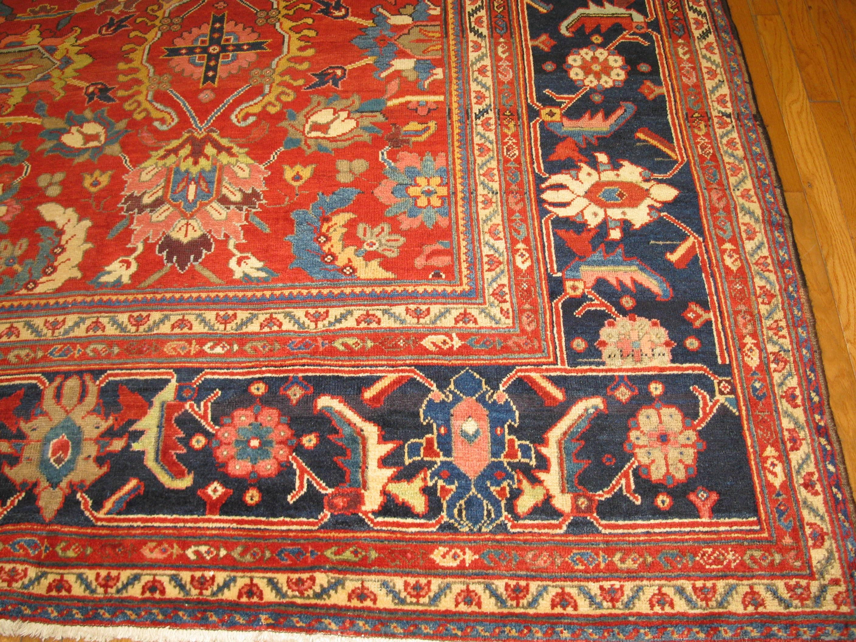 Hand-Knotted Large Antique Handmade Wool Red Navy Green Persian Mahal Rug For Sale