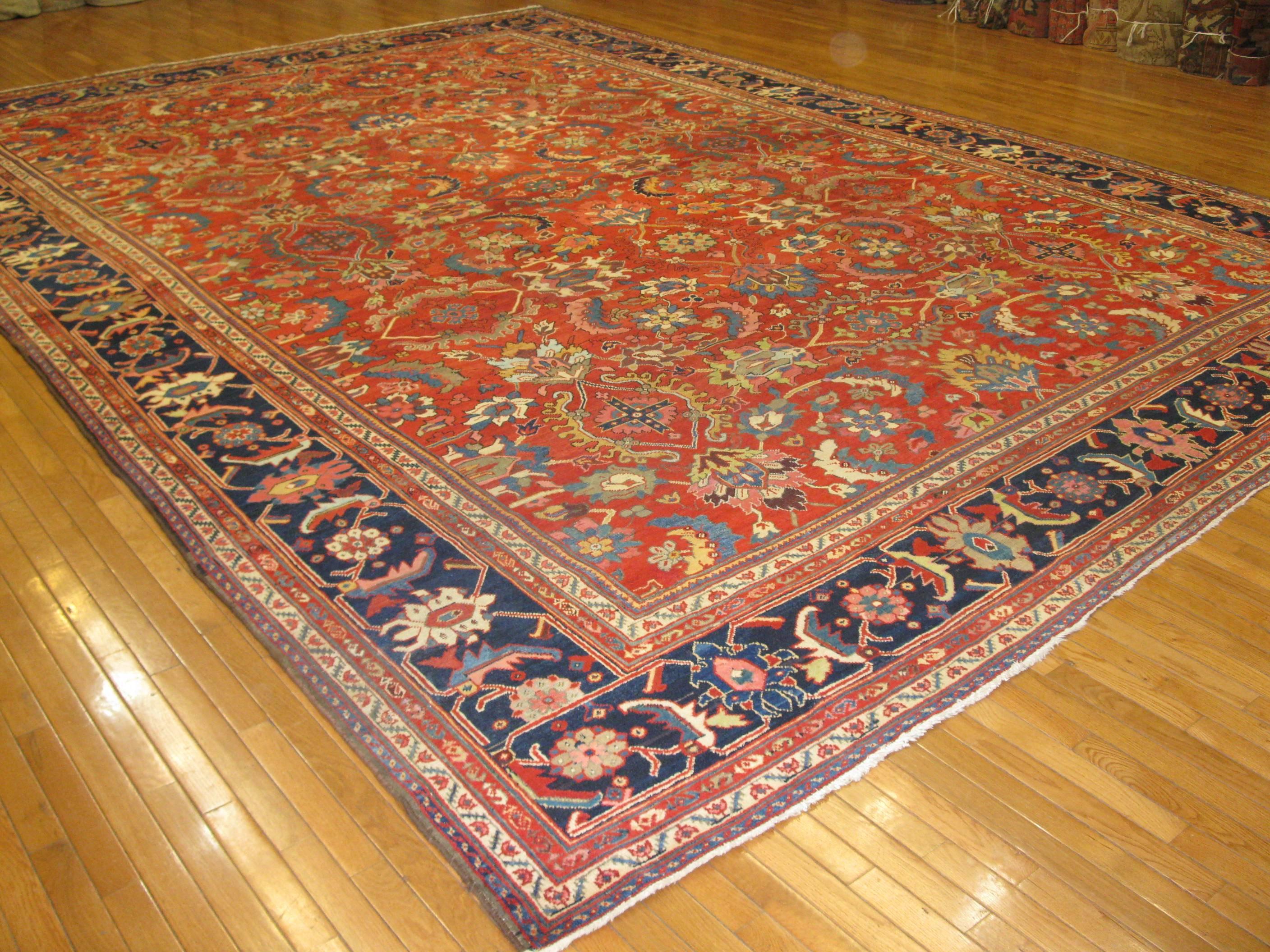 20th Century Large Antique Handmade Wool Red Navy Green Persian Mahal Rug For Sale