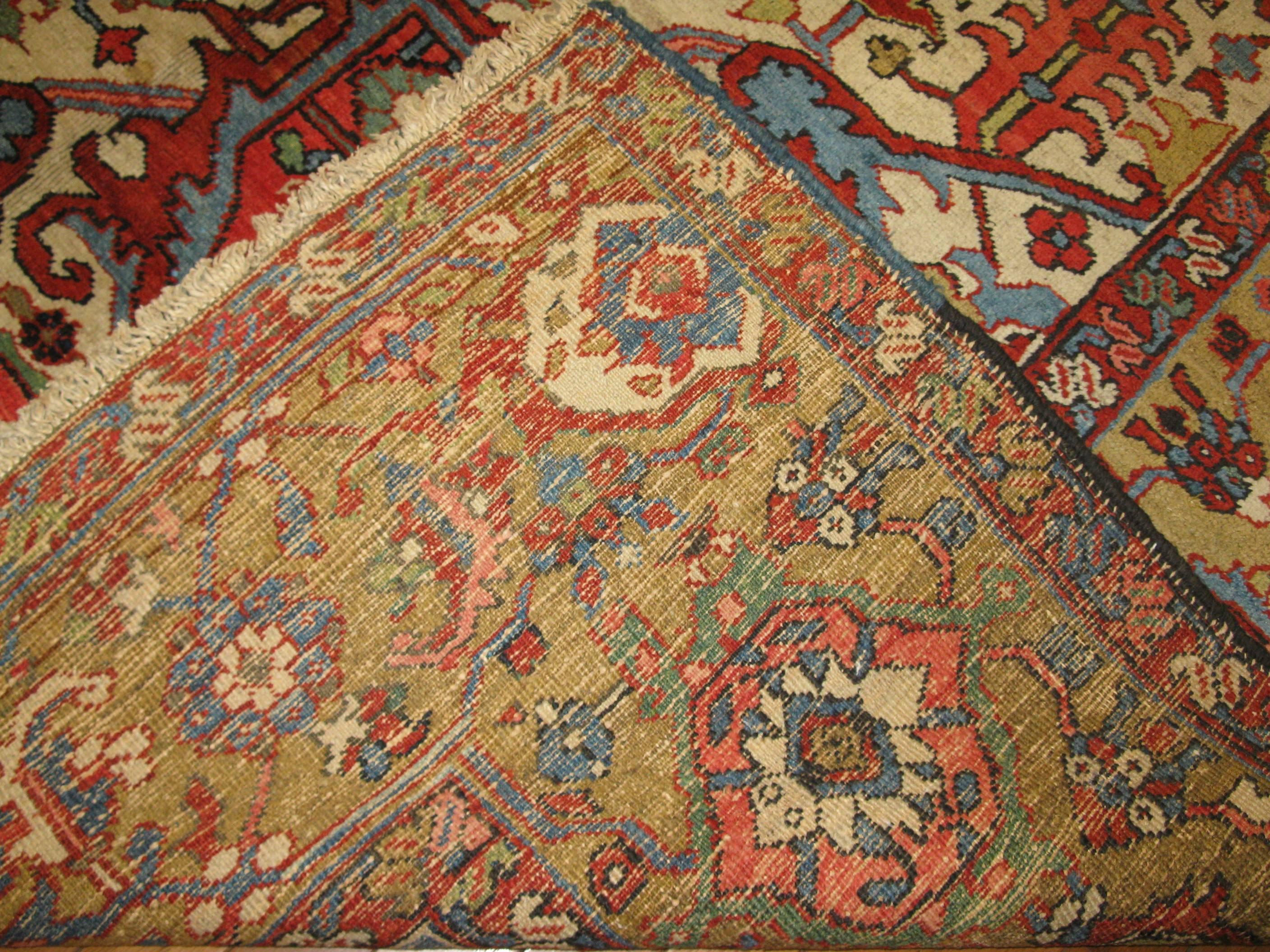 20th Century Large Antique Hand-KnottedWool Green Red Persian Heriz Rug For Sale