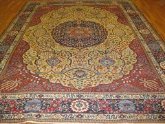 Antique Hand Knotte Room Size Wool Gold Red Navy Persian Tabriz Rug