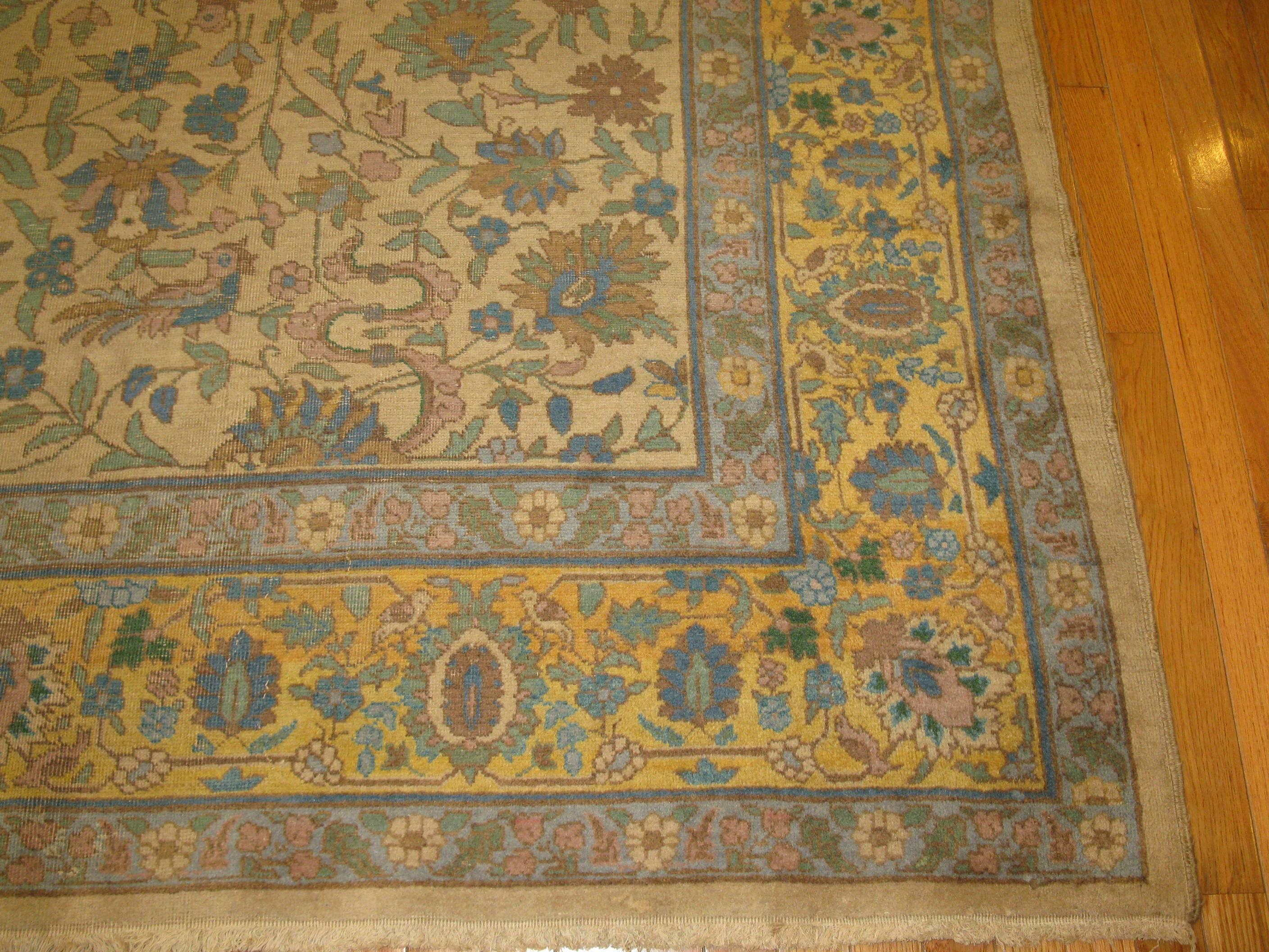 Hand-Knotted Antique Hand Knotted  Wool Gold Green Indian Agra Rug For Sale