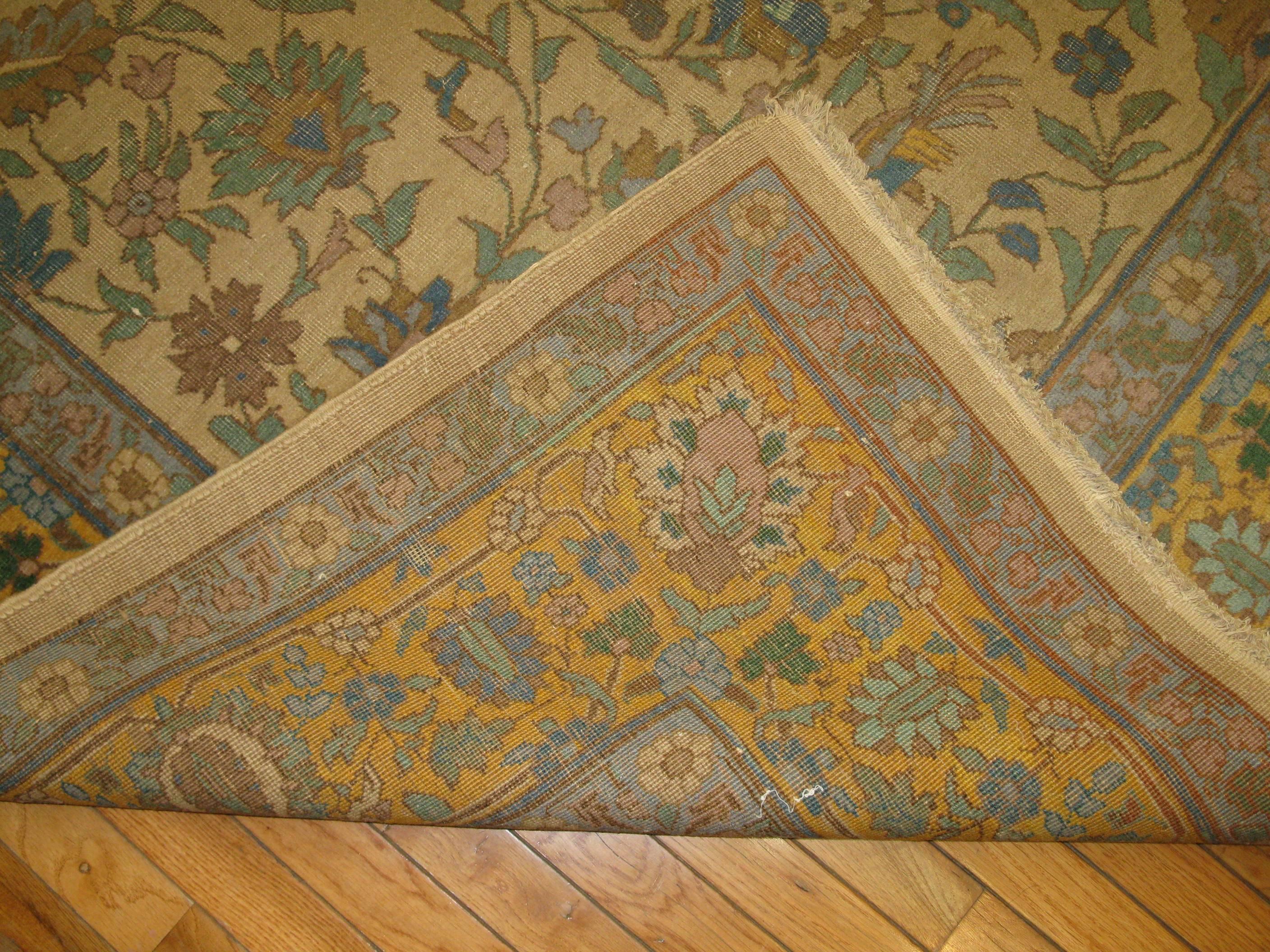 20th Century Antique Hand Knotted  Wool Gold Green Indian Agra Rug For Sale