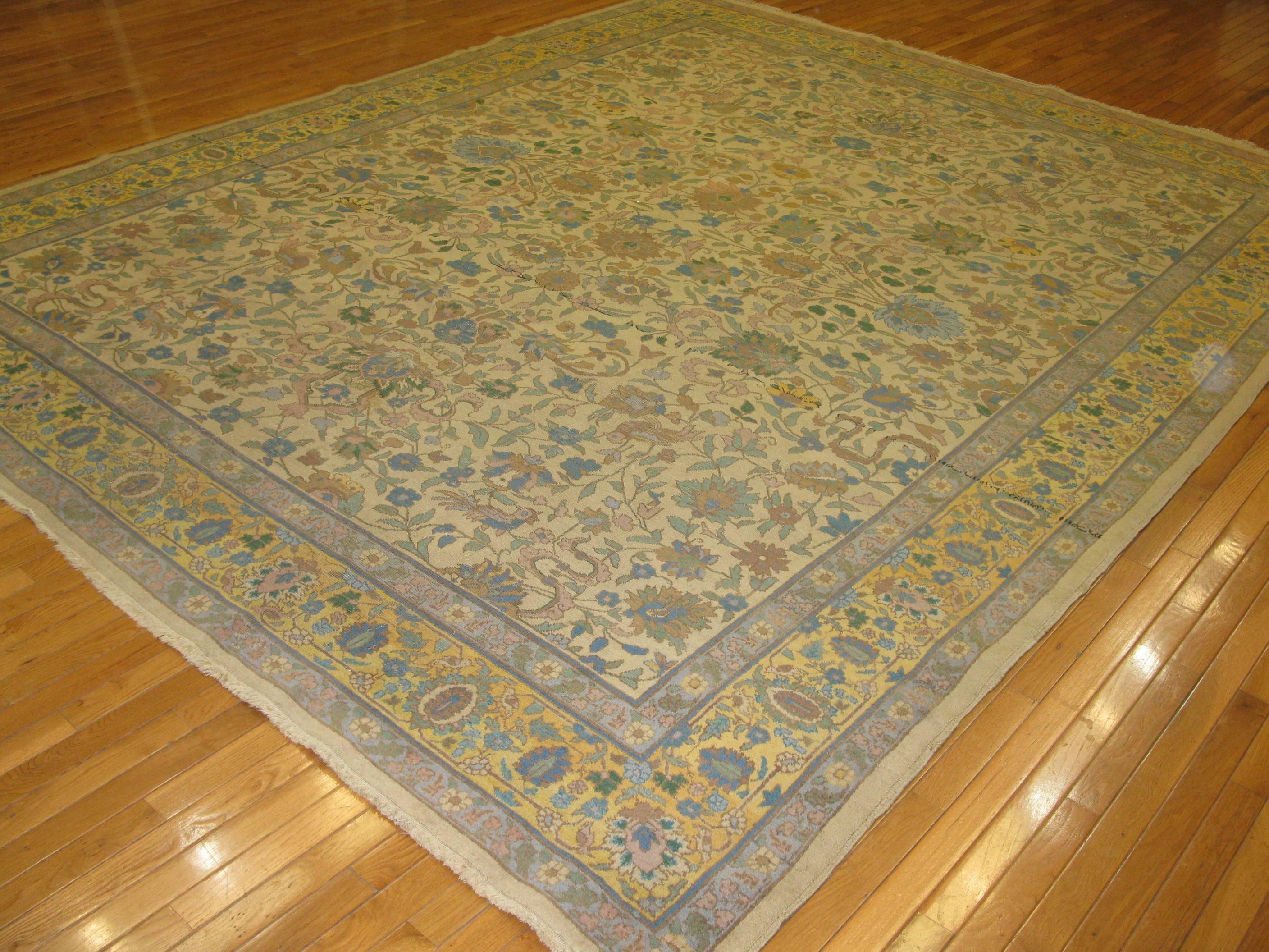 Antique Hand Knotted  Wool Gold Green Indian Agra Rug For Sale 1