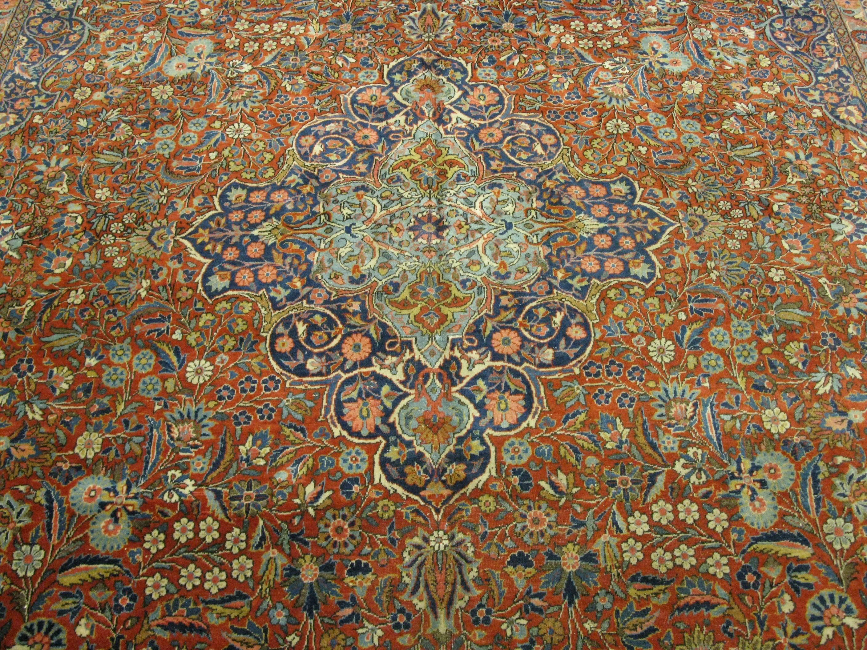 Hand-Knotted Antique Room Size Persian Kashan Rug For Sale