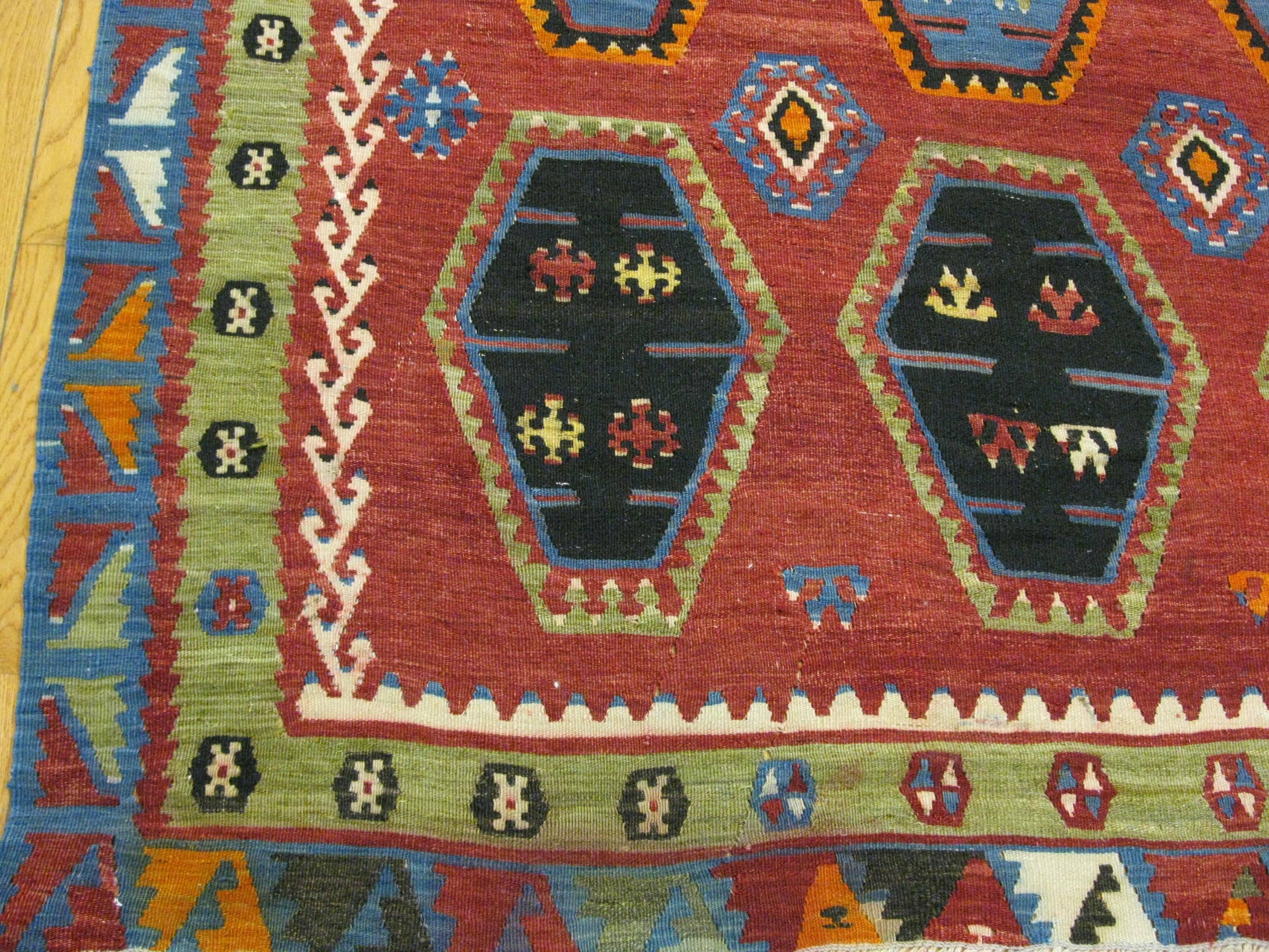 Kazak Vintage Hand Woven Wool Tribal Design Kilim Rug For Sale