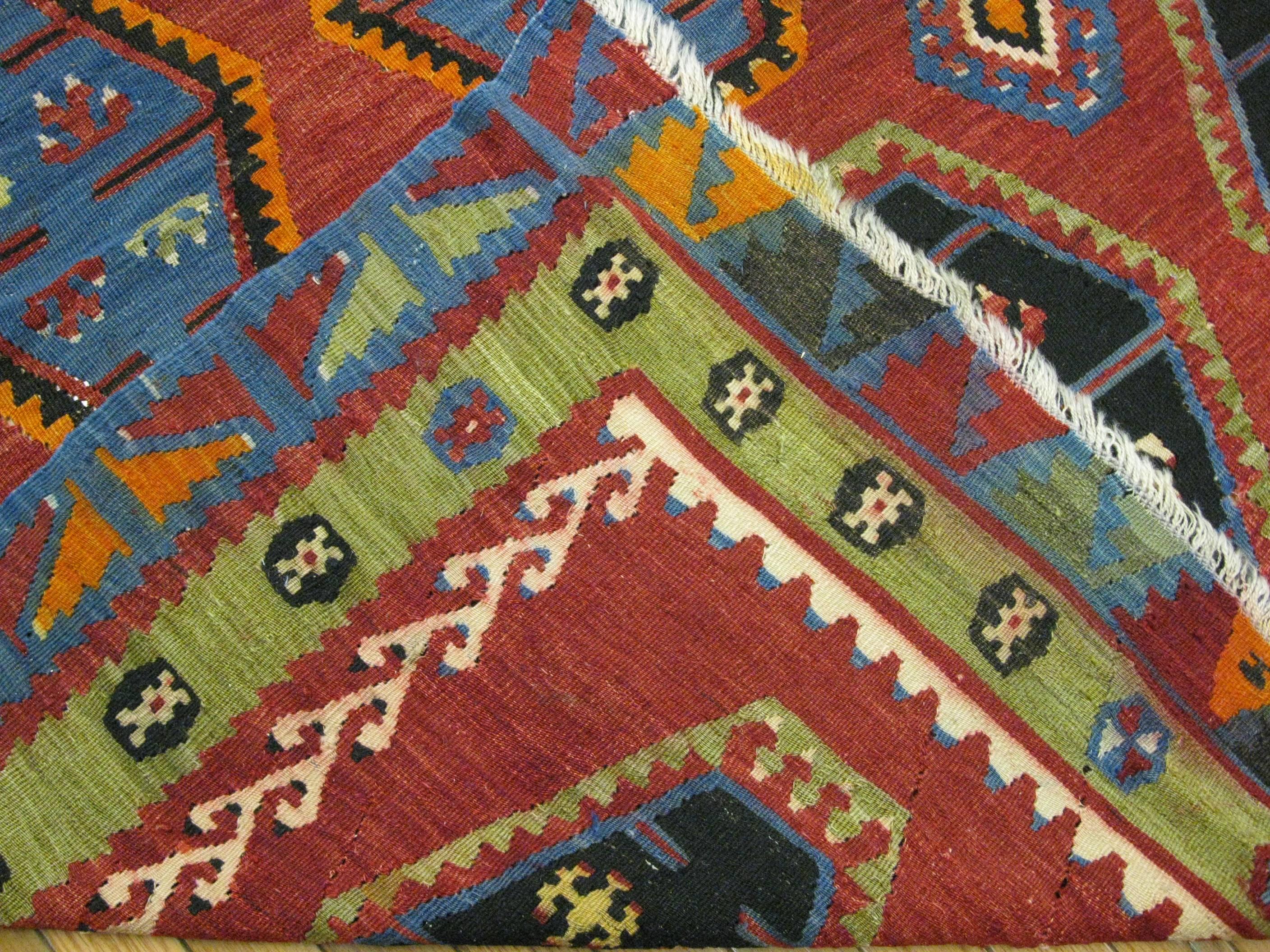 Turkish Vintage Hand Woven Wool Tribal Design Kilim Rug For Sale
