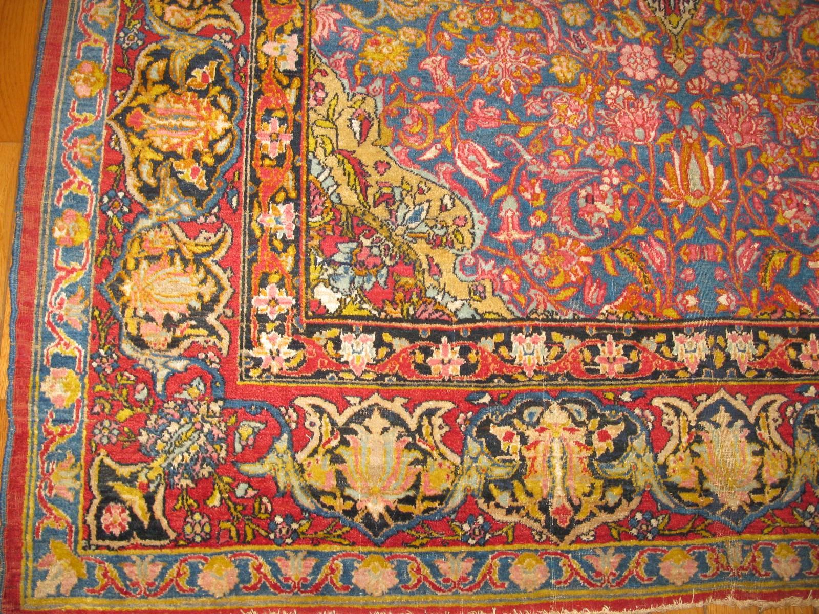 Other Antique Hand Knotted Wool Blue Color Persian Isfahan Rug For Sale