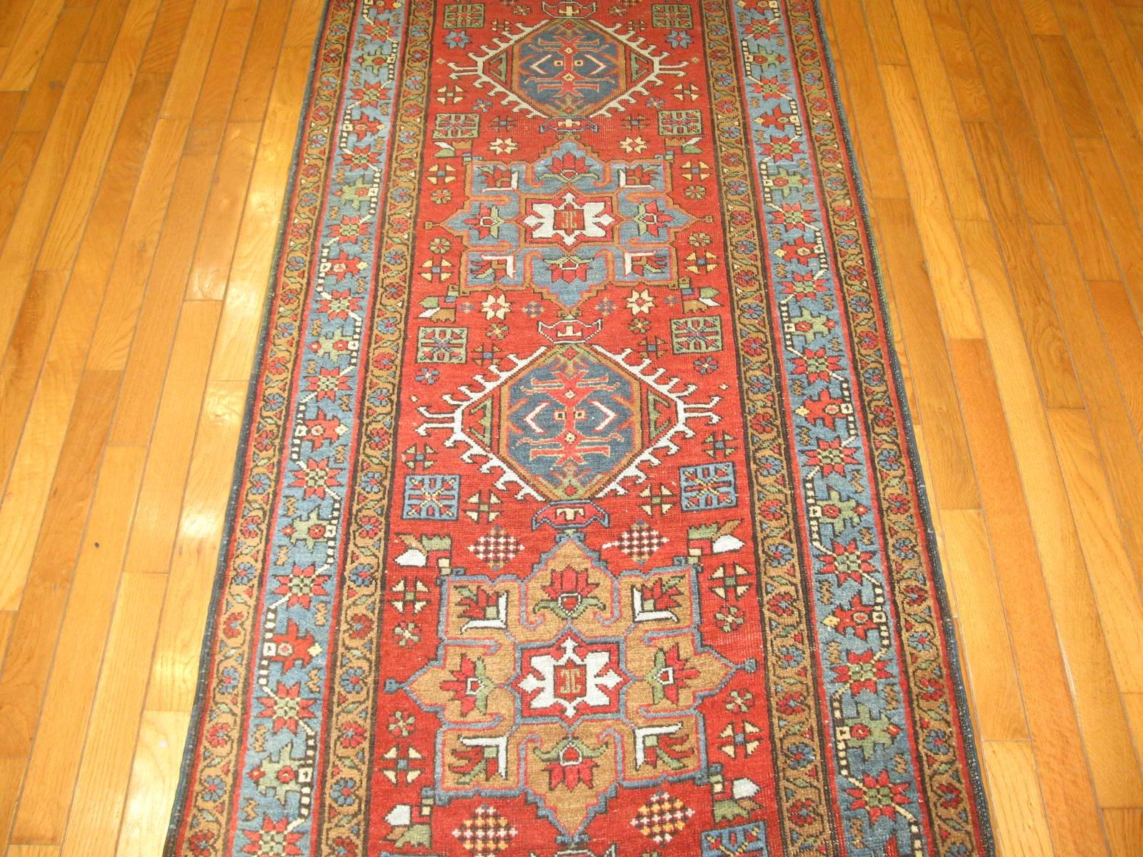 Hand-Knotted Antique Persian Heriz Runner Rug For Sale