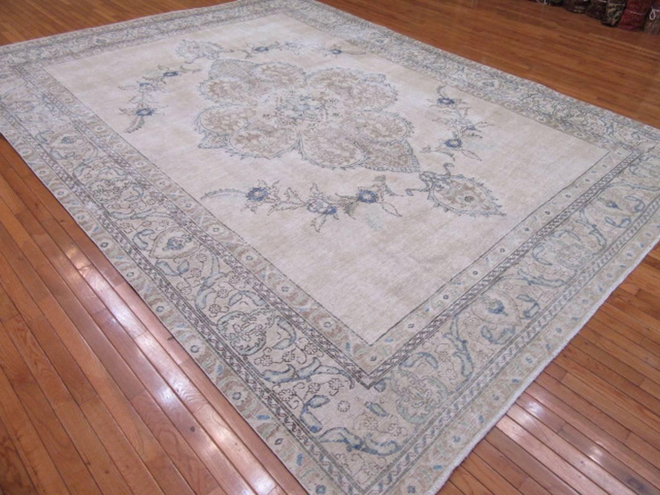 Large Distressed Hand-Knotted Persian Tabriz Rug 1
