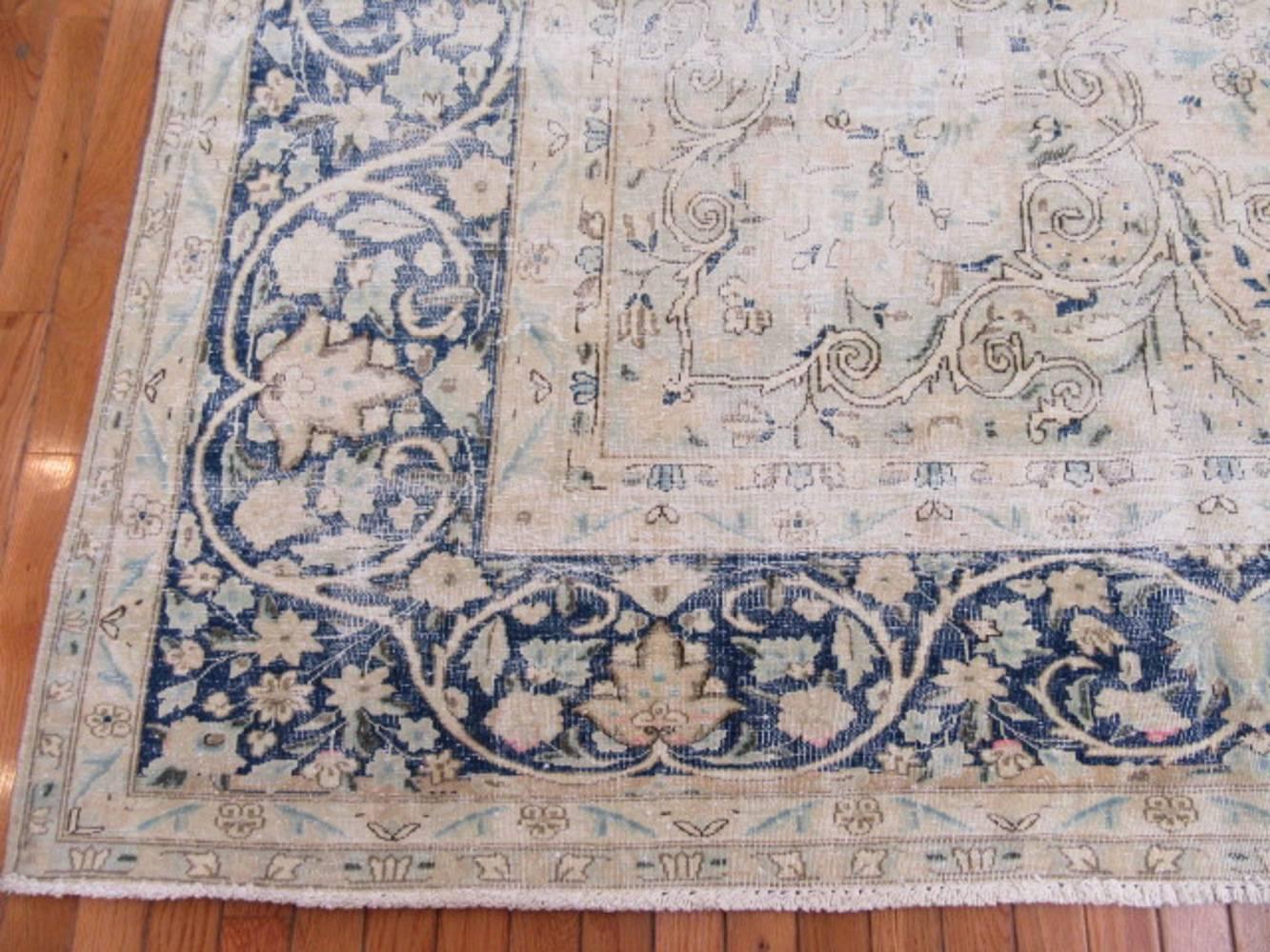 Large Distressed Hand-Knotted Persian Kerman Rug In Distressed Condition In Atlanta, GA