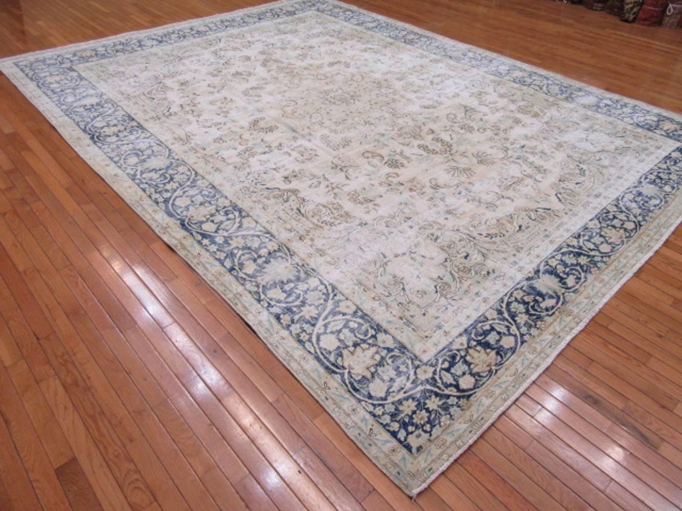 Wool Large Distressed Hand-Knotted Persian Kerman Rug