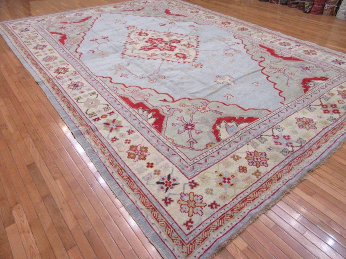 Large Antique Hand Knotted Wool Turkish Oushak Rug For Sale 1