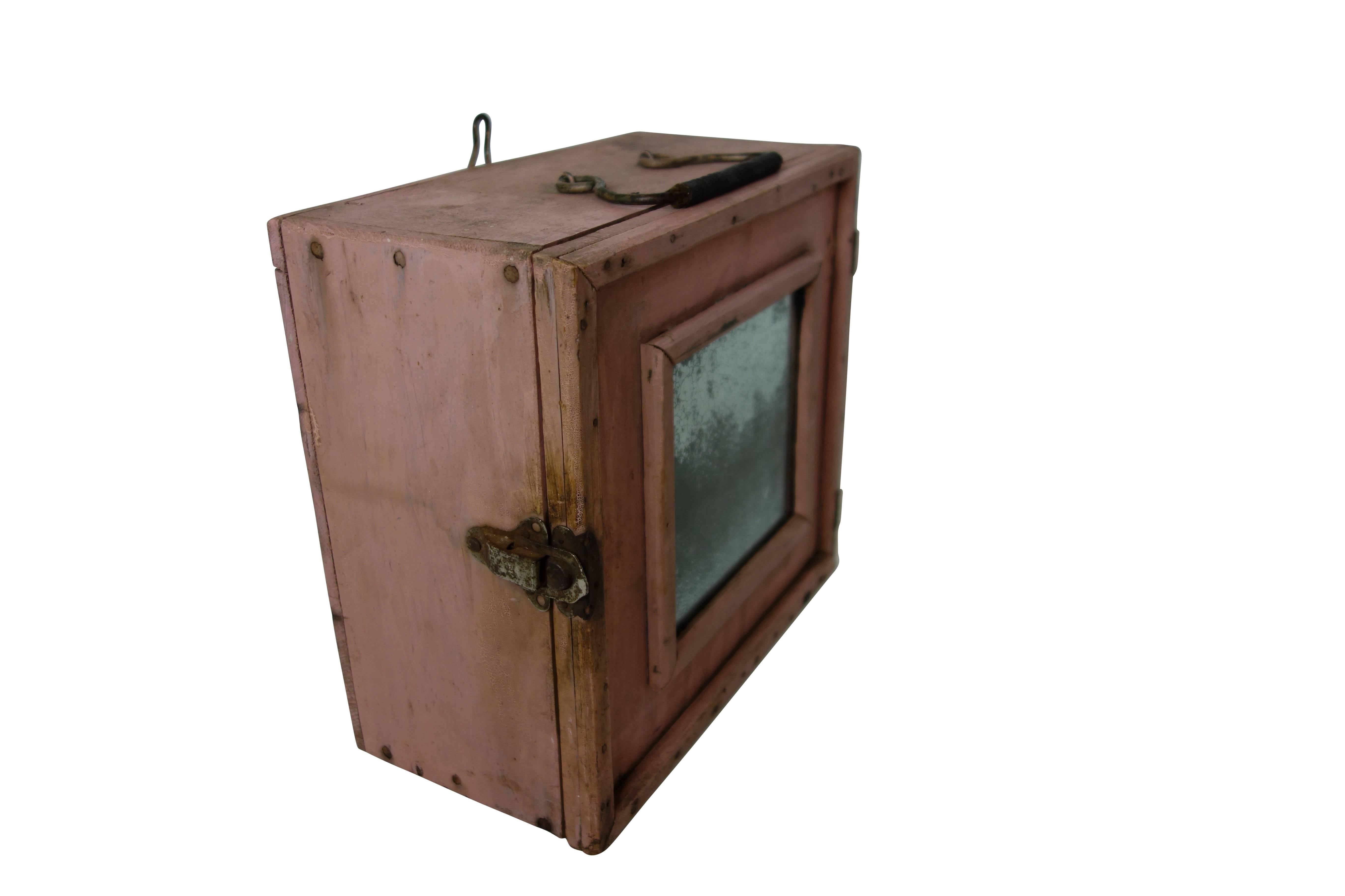 Early 20th Century Adorable Pink Traveling Medicine Cabinet with Perfectly Oxidized Mirror