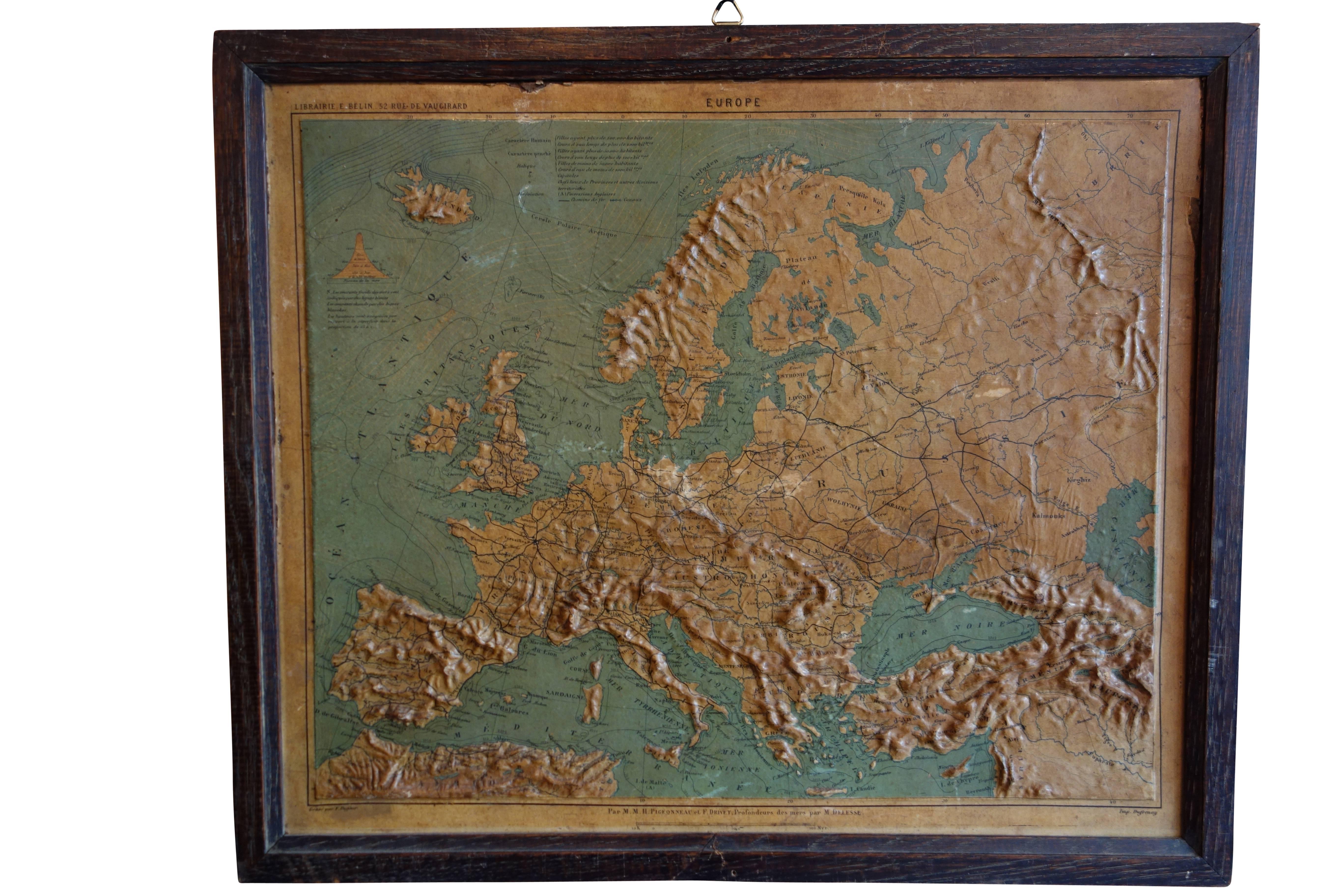 Paper Set of Five Framed World Relief Maps from a Schoolhouse in France, circa 1910