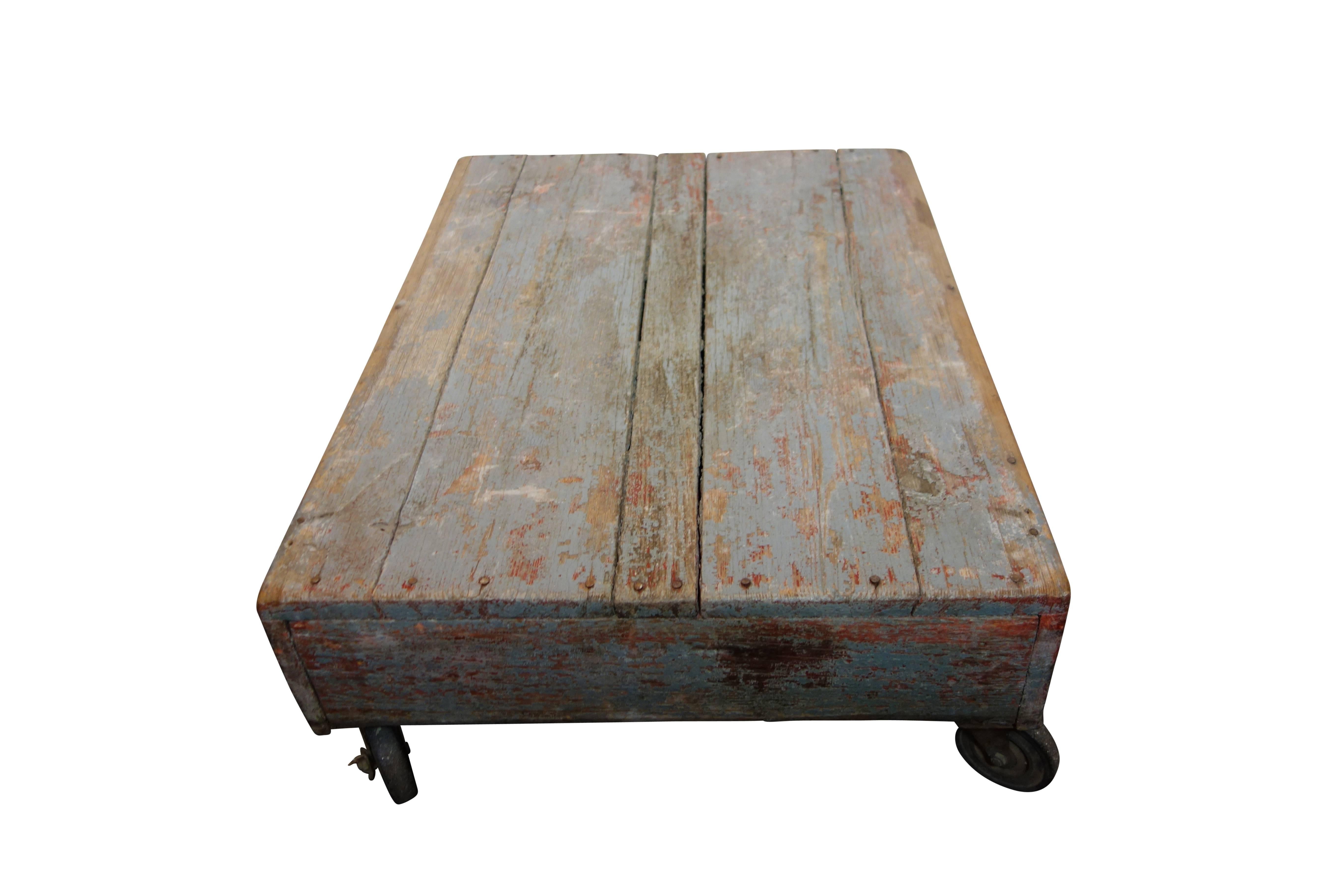 Wood Painted Gray and Red Industrial Cart