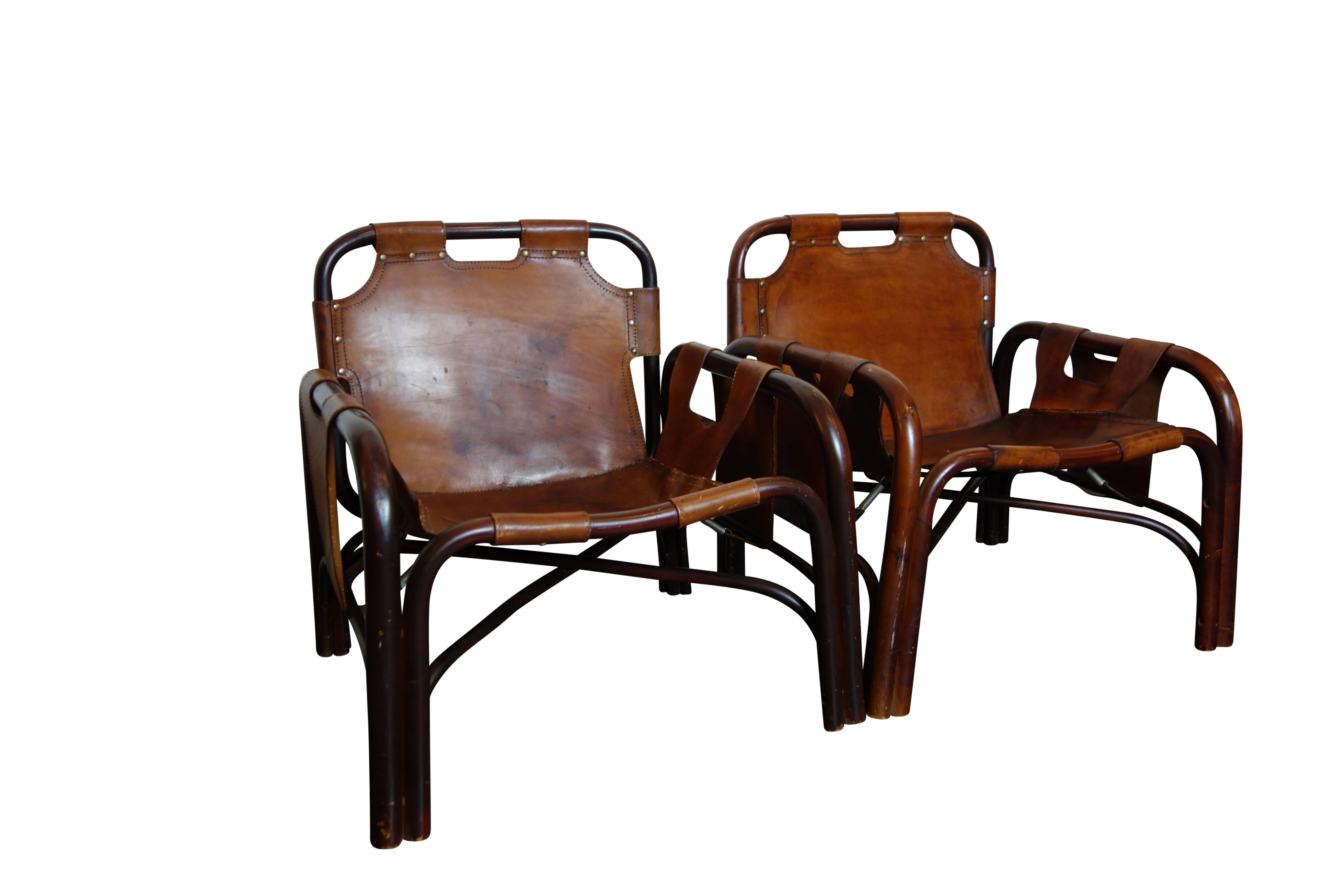 Pair of Italian Leather Safari Chairs in the Style of Arne Norell In Good Condition In Seattle, WA
