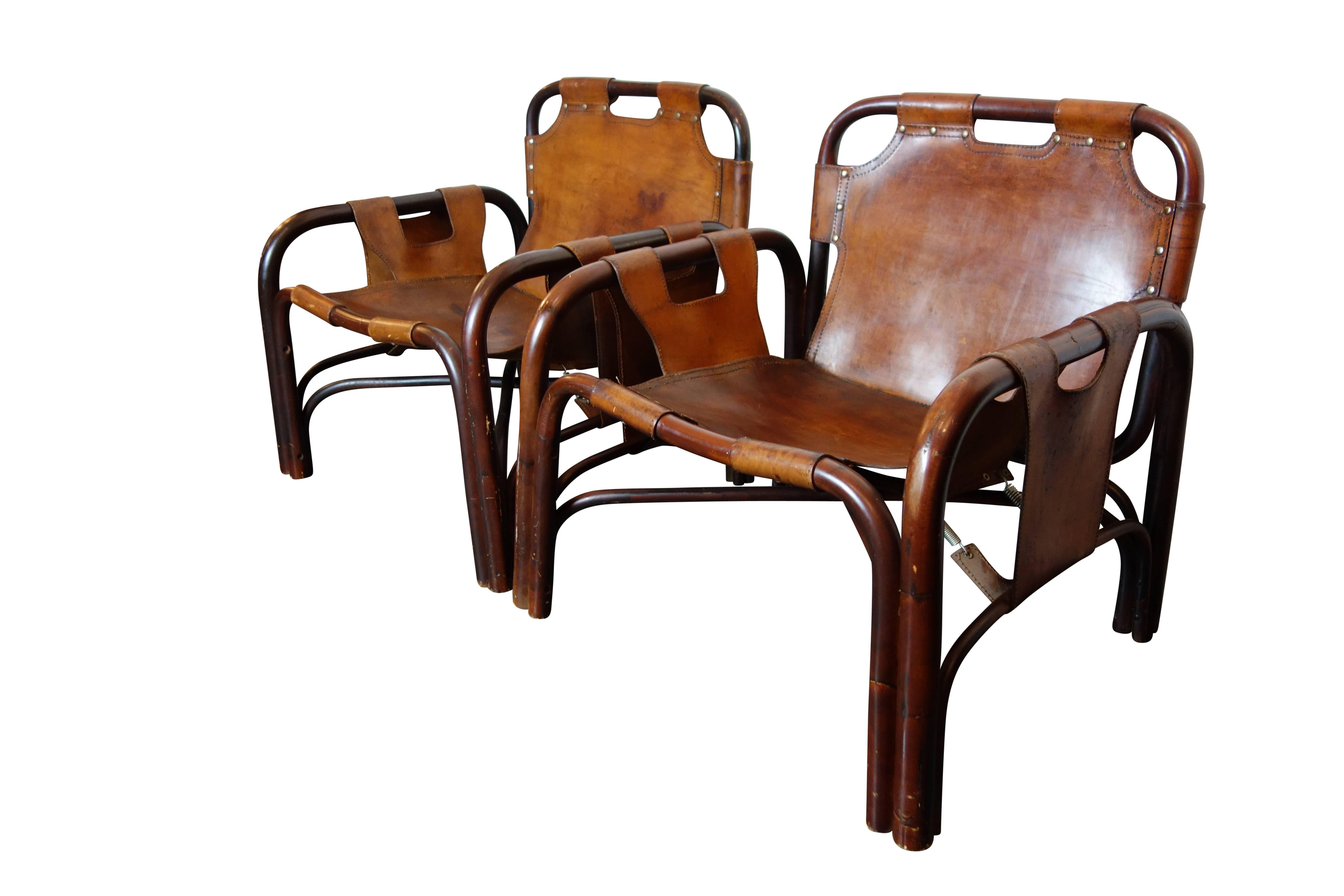 Pair of Italian Leather Safari Chairs in the Style of Arne Norell 1