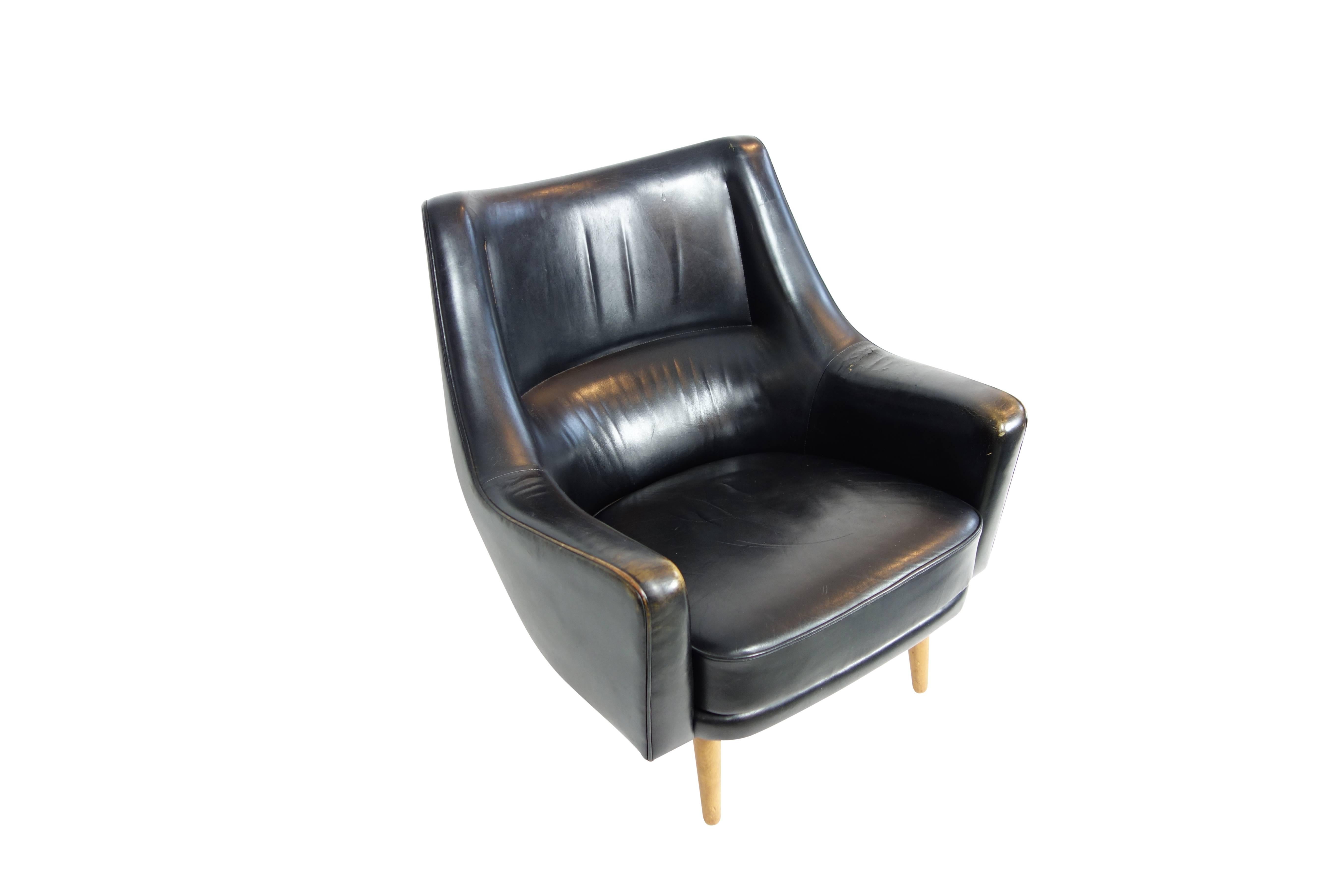 Danish Black Leather Lounge Chair by Ib Kofod-Larsen