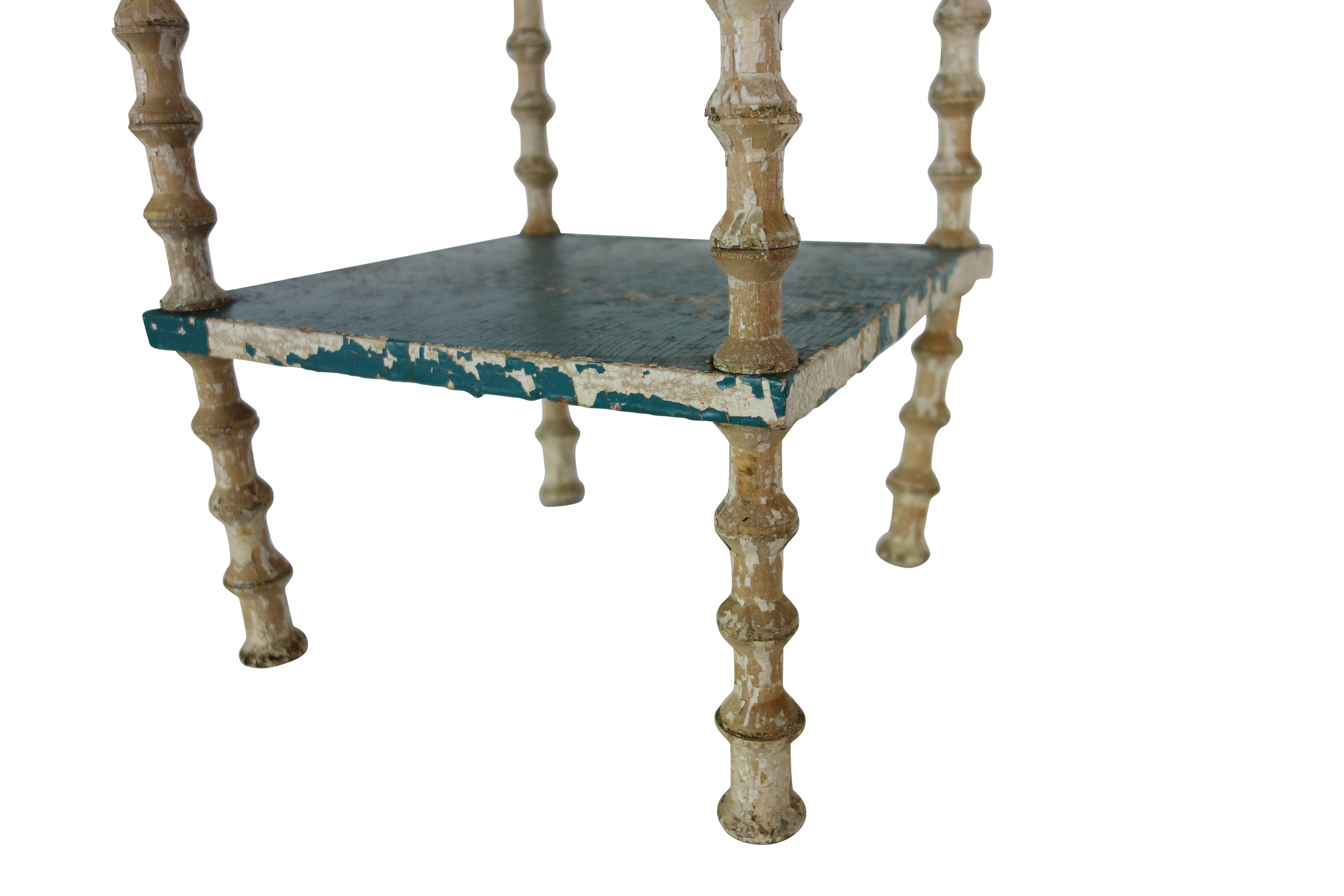 Painted Three-Tiered Spool Side Table with Turtle on Underside, Dated 1895 2