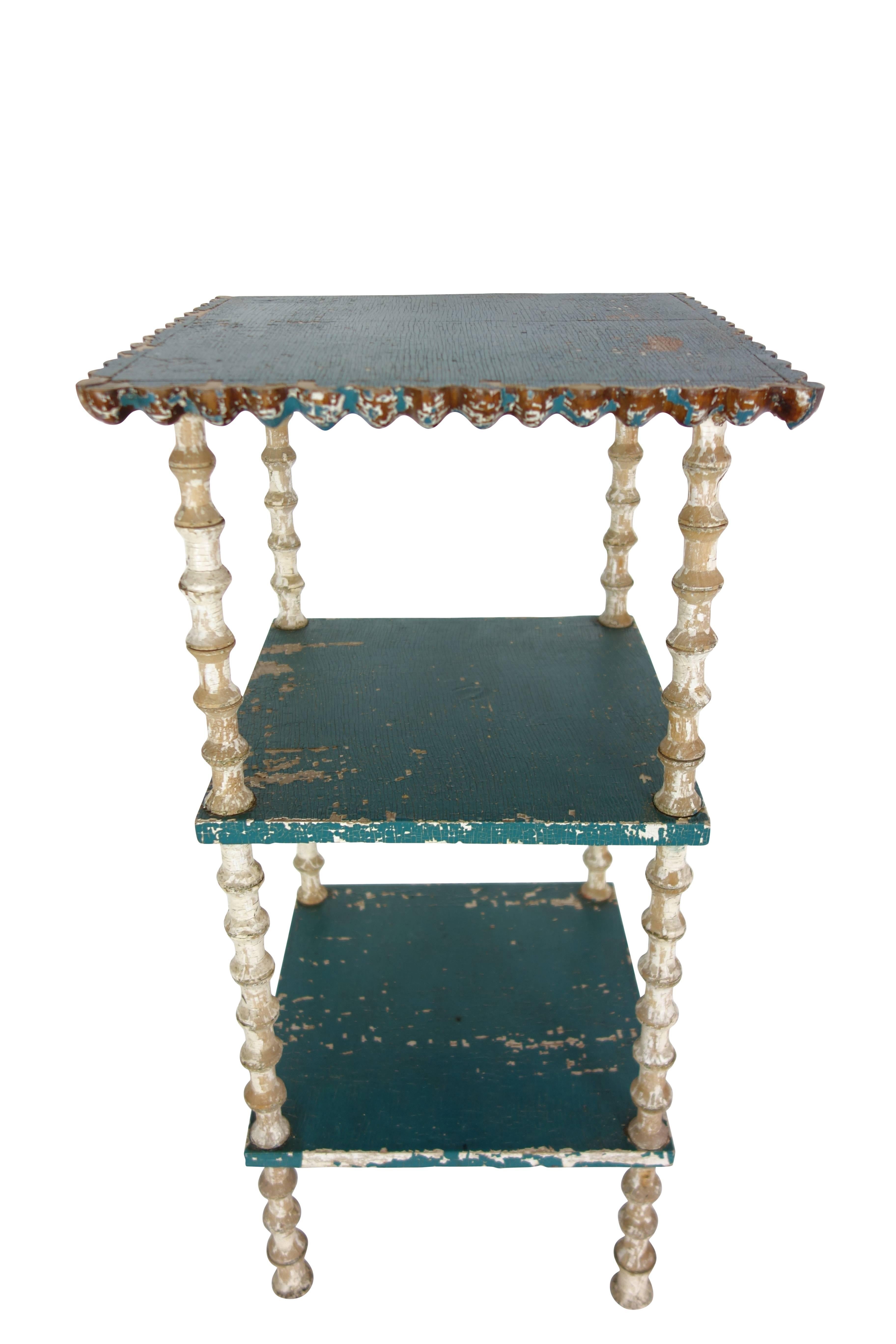 American Painted Three-Tiered Spool Side Table with Turtle on Underside, Dated 1895