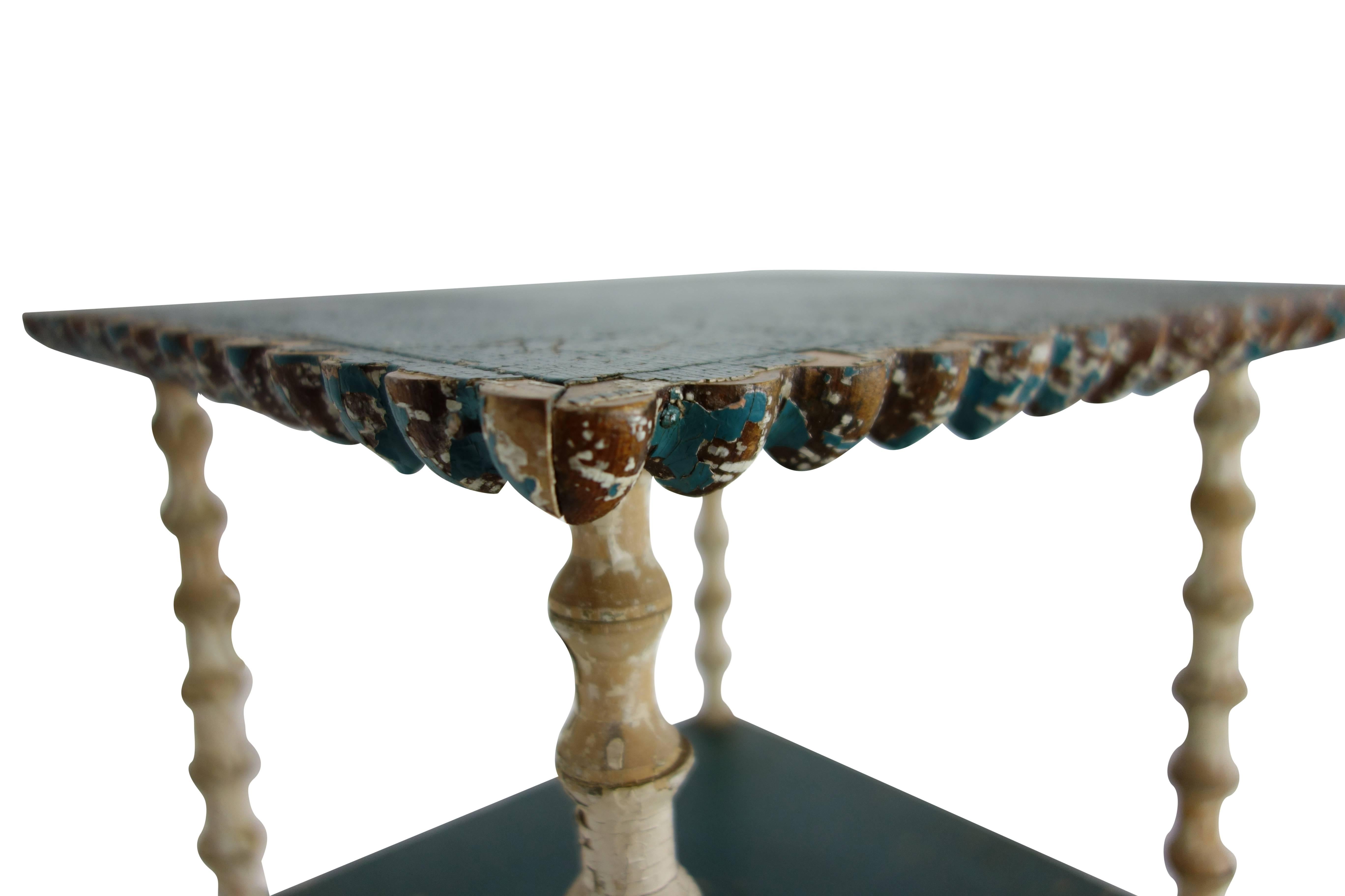 Wood Painted Three-Tiered Spool Side Table with Turtle on Underside, Dated 1895