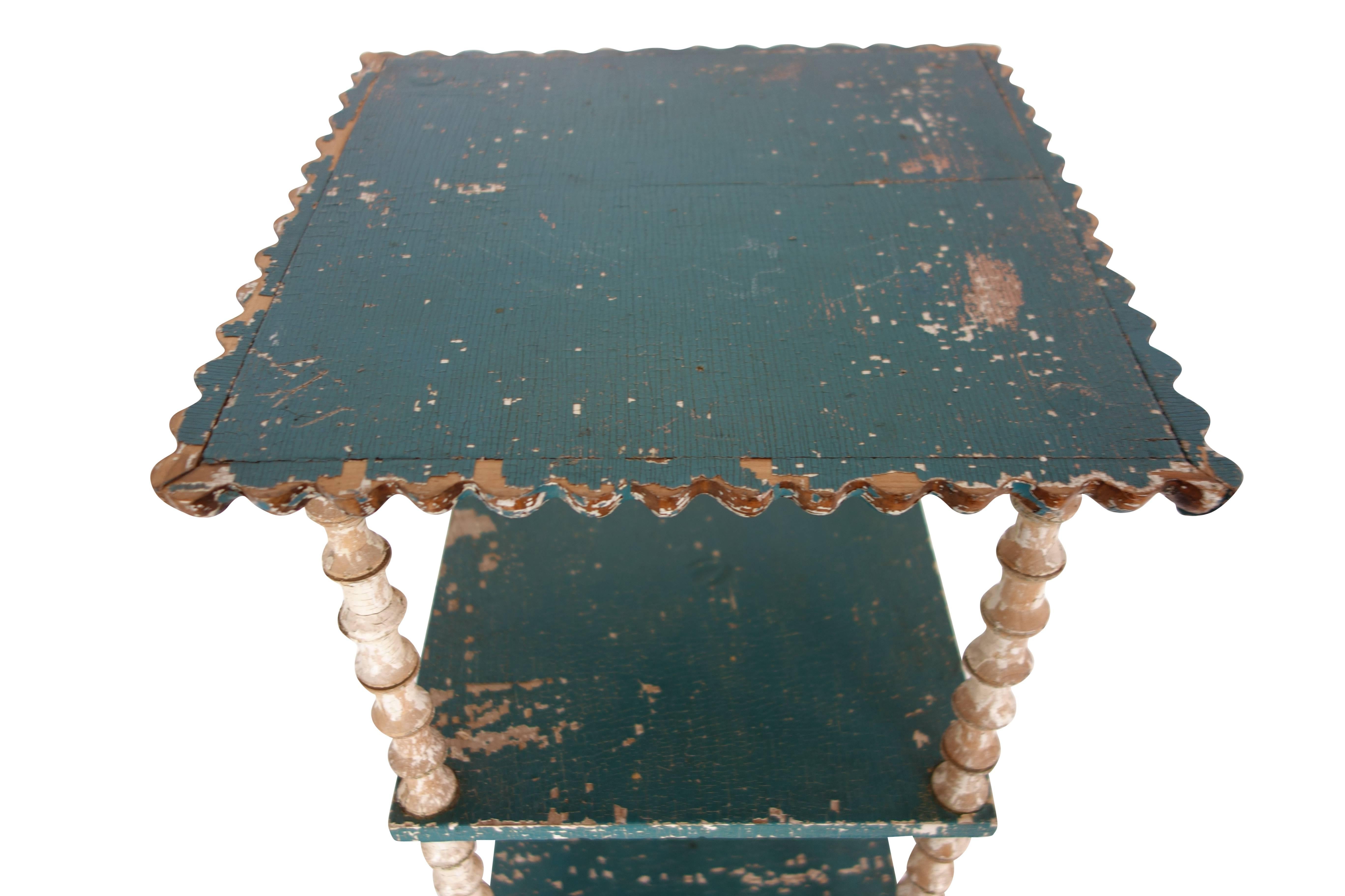 Painted Three-Tiered Spool Side Table with Turtle on Underside, Dated 1895 1