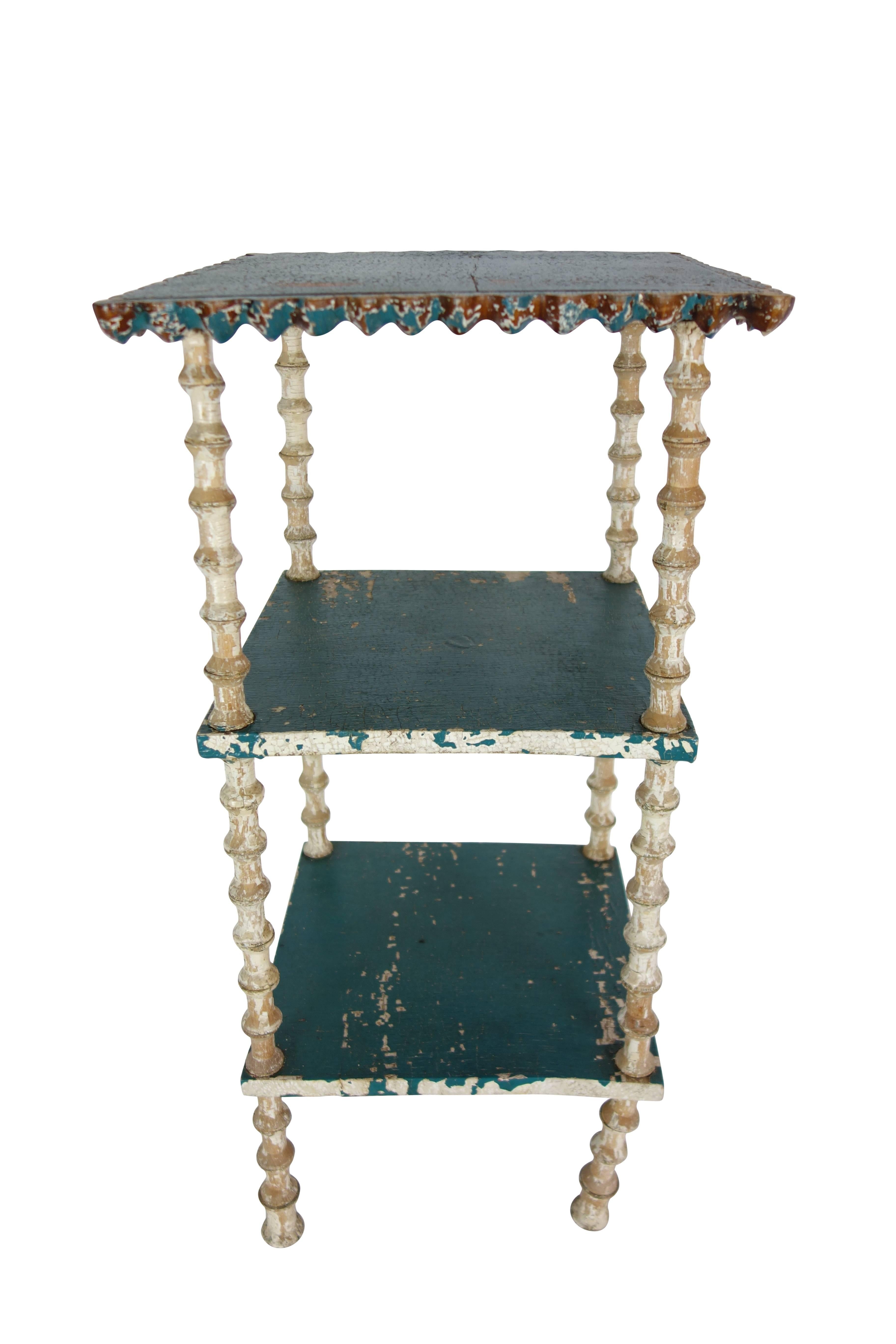 19th Century Painted Three-Tiered Spool Side Table with Turtle on Underside, Dated 1895