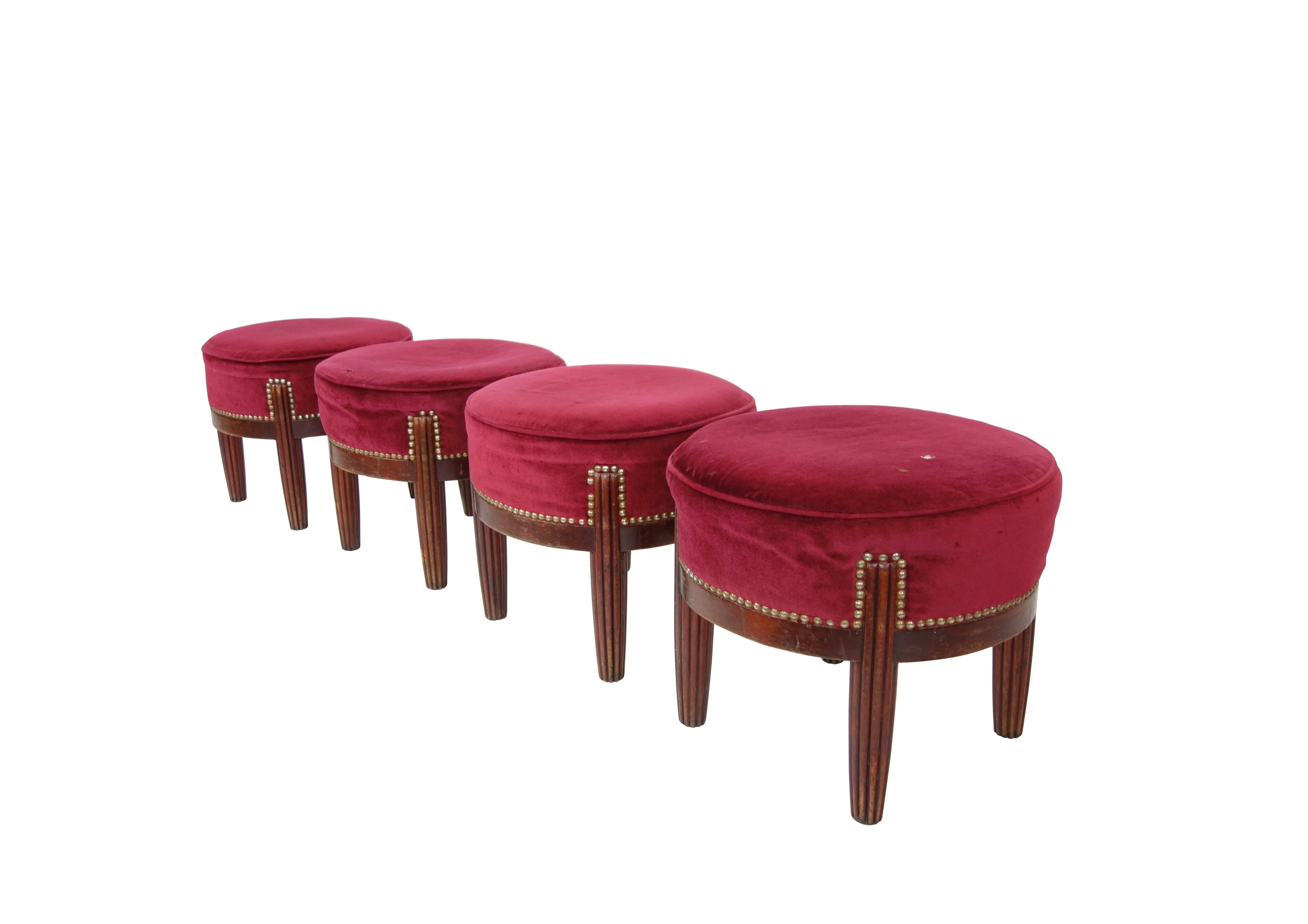 Rivited Red Velvet Footstool In Good Condition In Seattle, WA