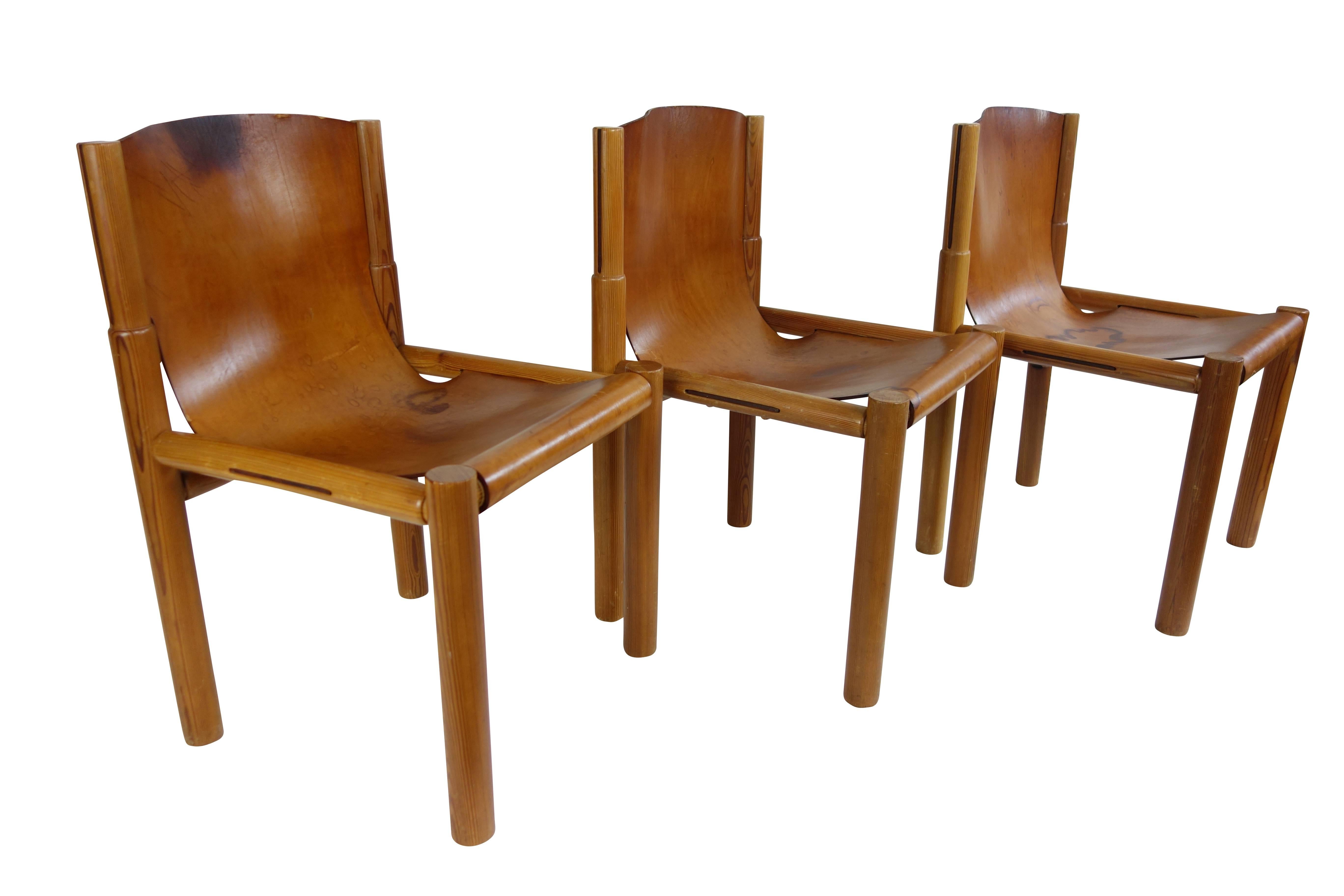 Set of Midcentury French Leather Sling Seat Dining Chairs In Good Condition In Seattle, WA