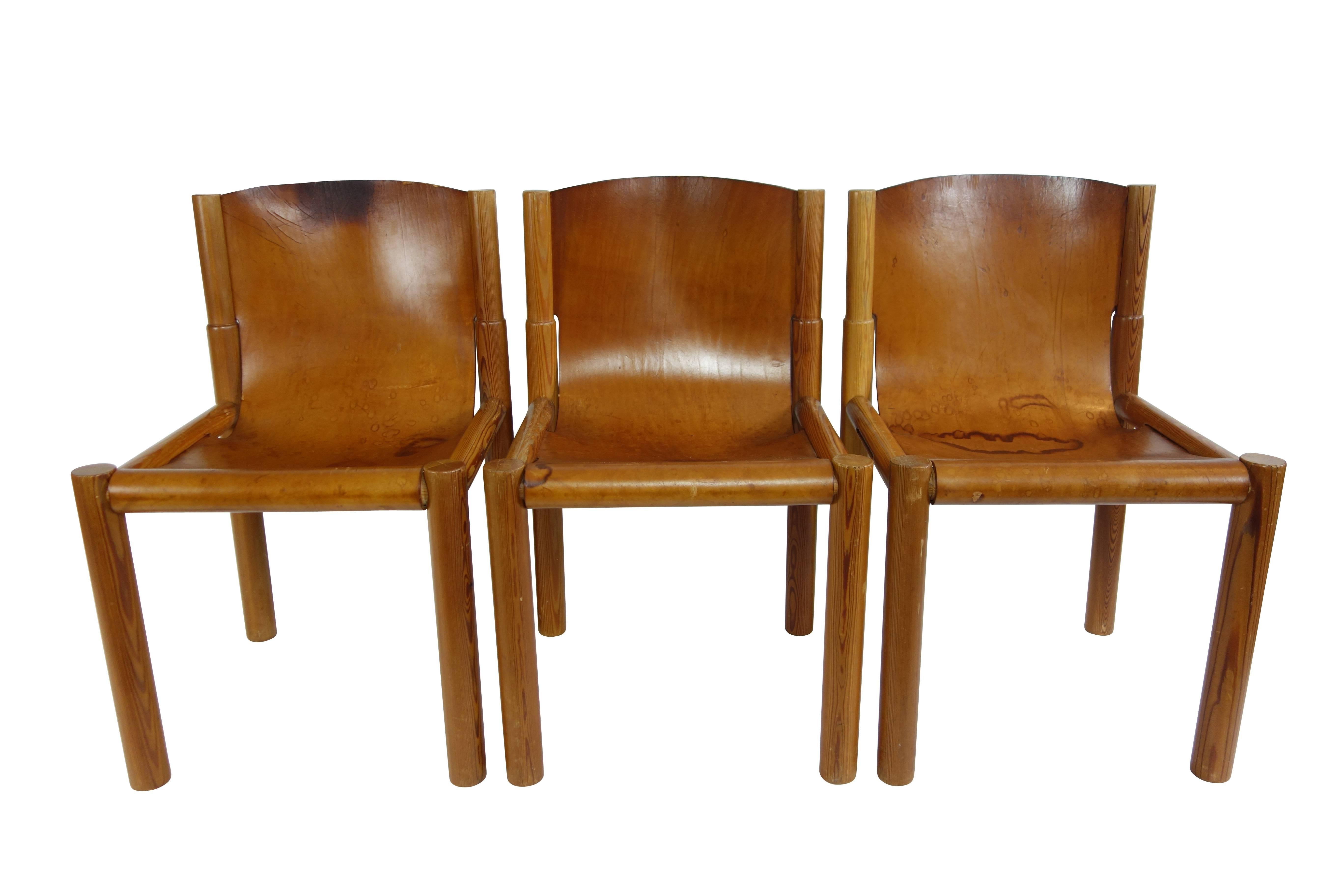 Set of Midcentury French Leather Sling Seat Dining Chairs 3