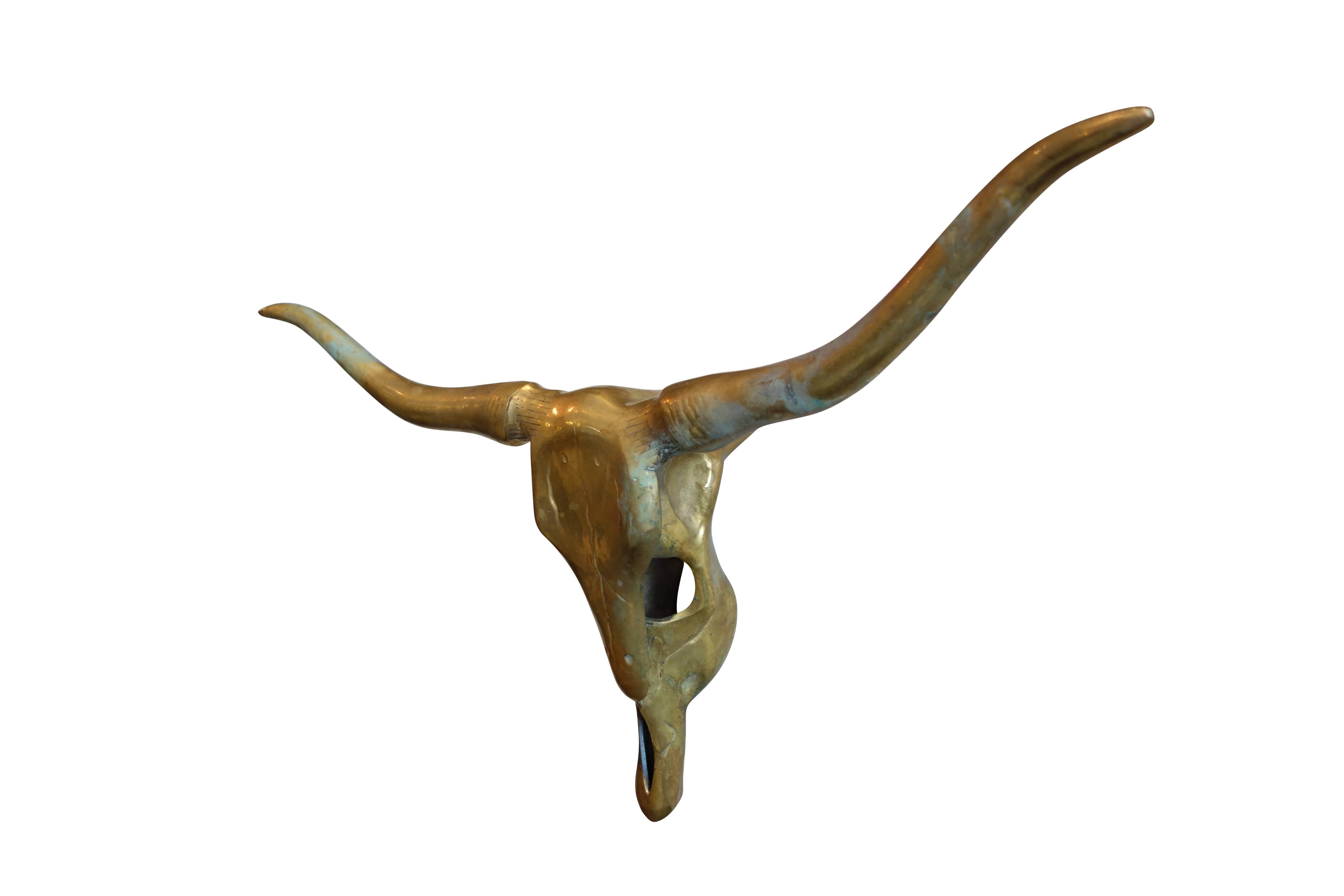 20th Century Vintage Brass Wall Mount Long Horn Cow Skull