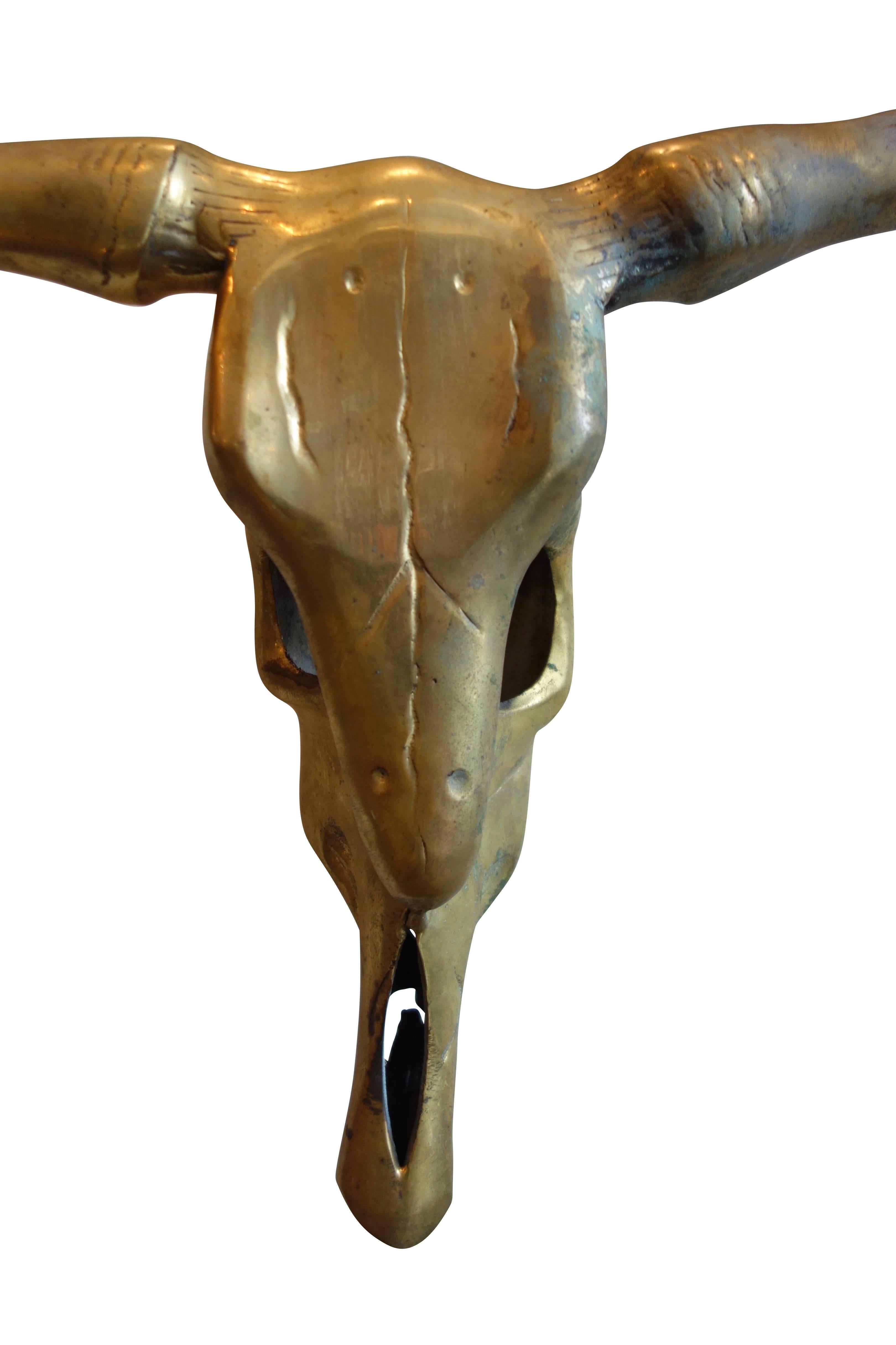 This is a vintage brass wall mount sculpture of a long Horn cow skull.