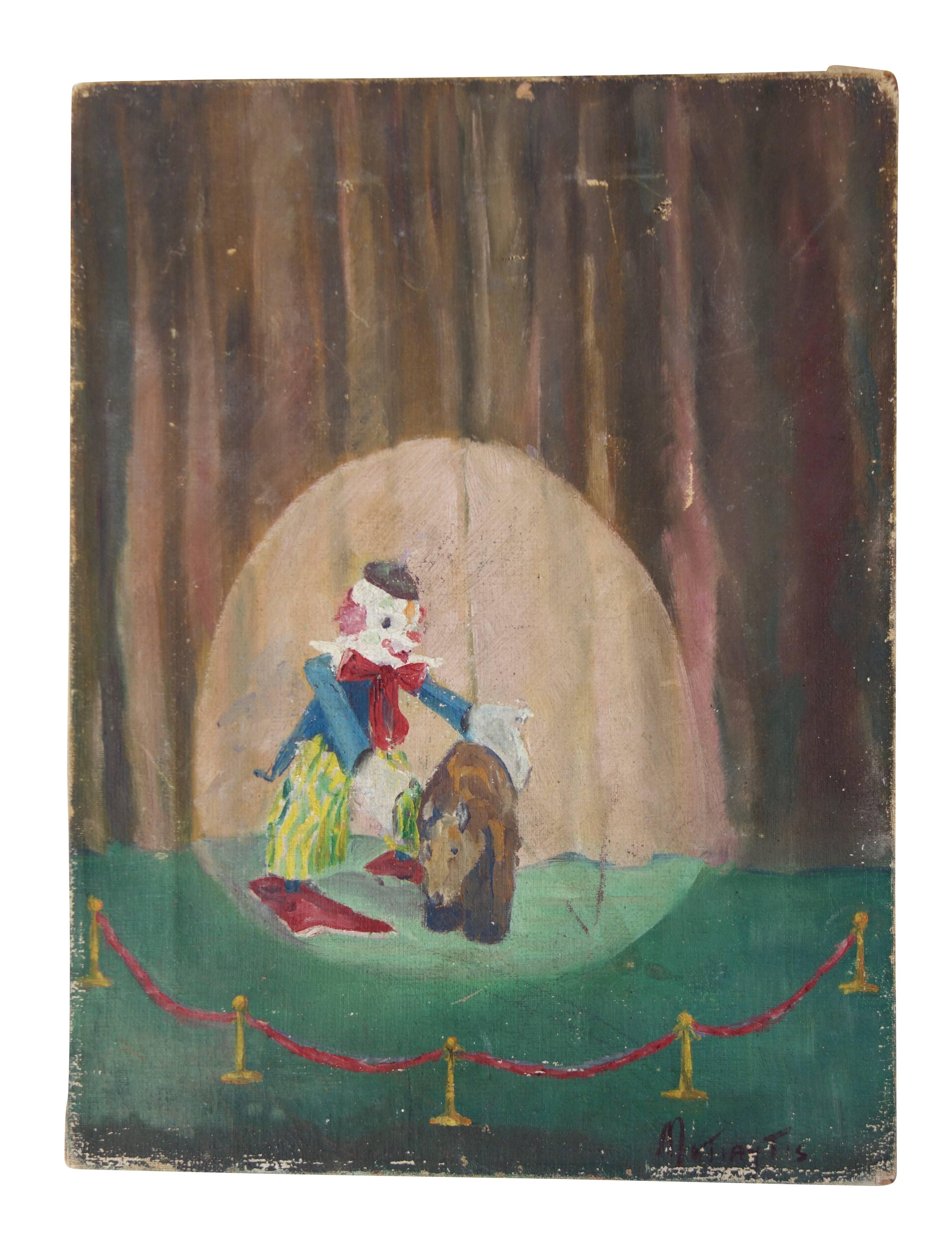 This is a playful oil on canvas of a clown presenting a bear in its original wood frame. A sweet message is written on the back 