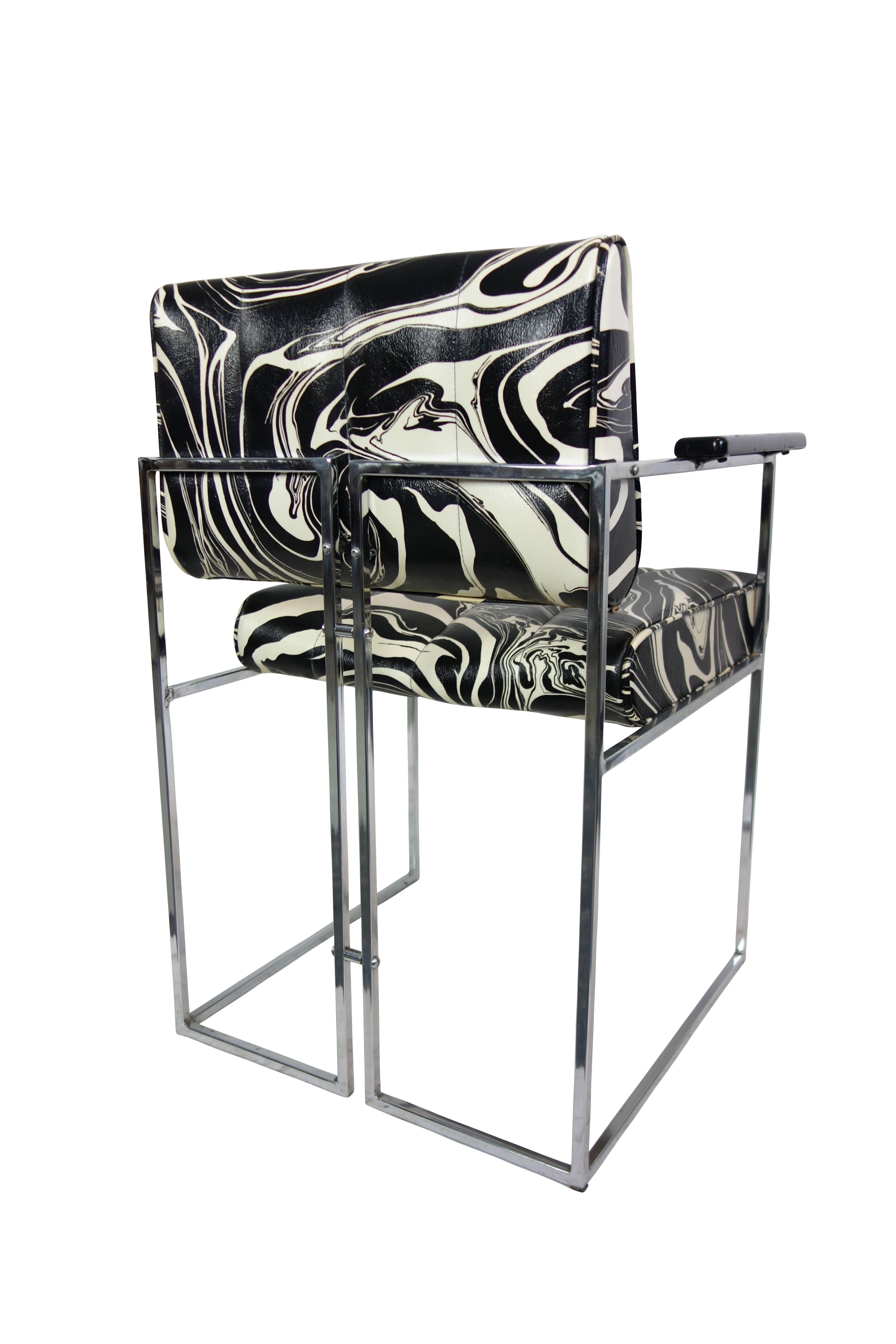 Chrome Set of Four Vintage Black and White Marbled Vinyl Chairs by Samton For Sale