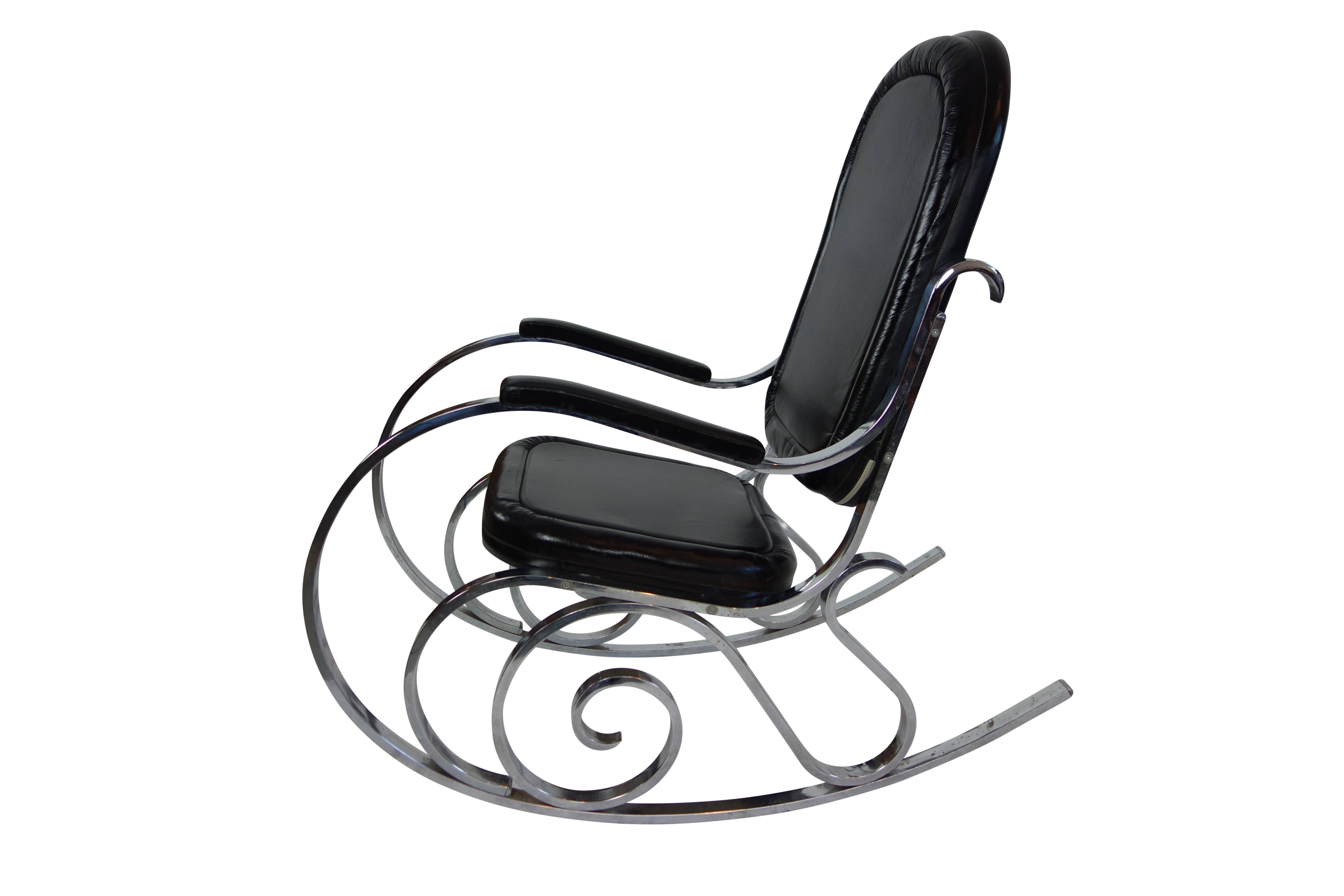 French Maison Jansen Black Leather Rocking Chair For Sale