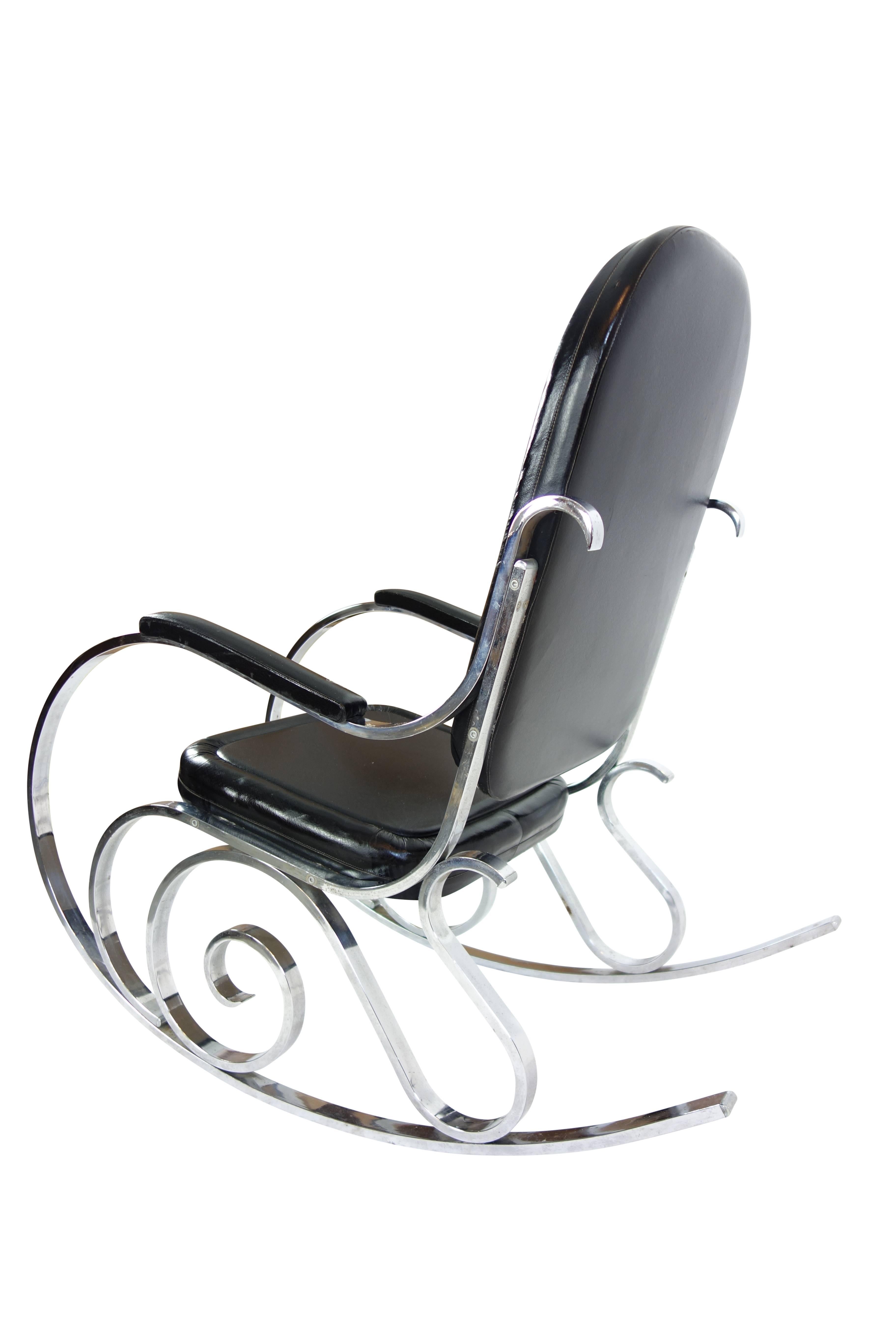 Polished Maison Jansen Black Leather Rocking Chair For Sale