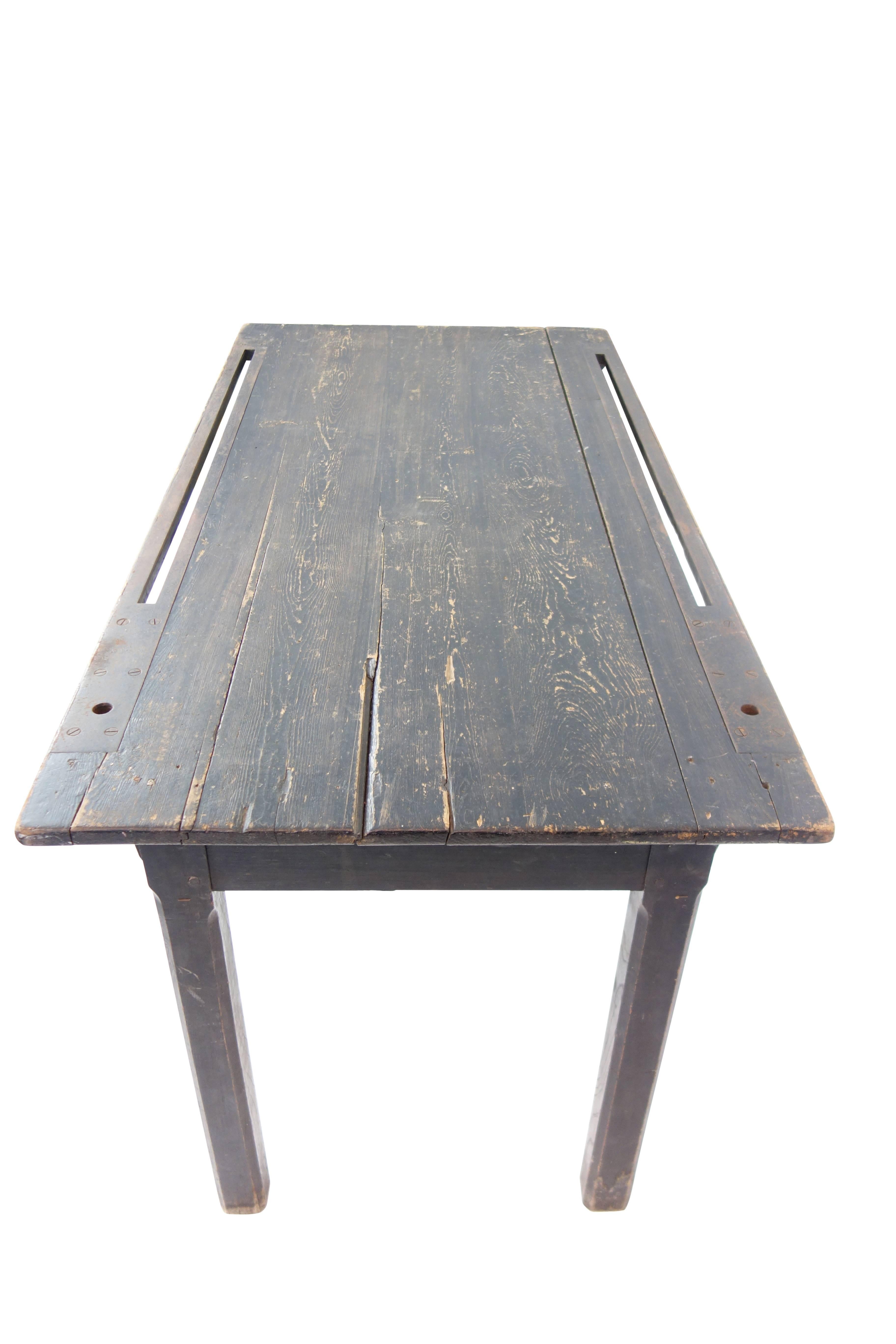French Black Industrial Dining Table with Iron Track Detail