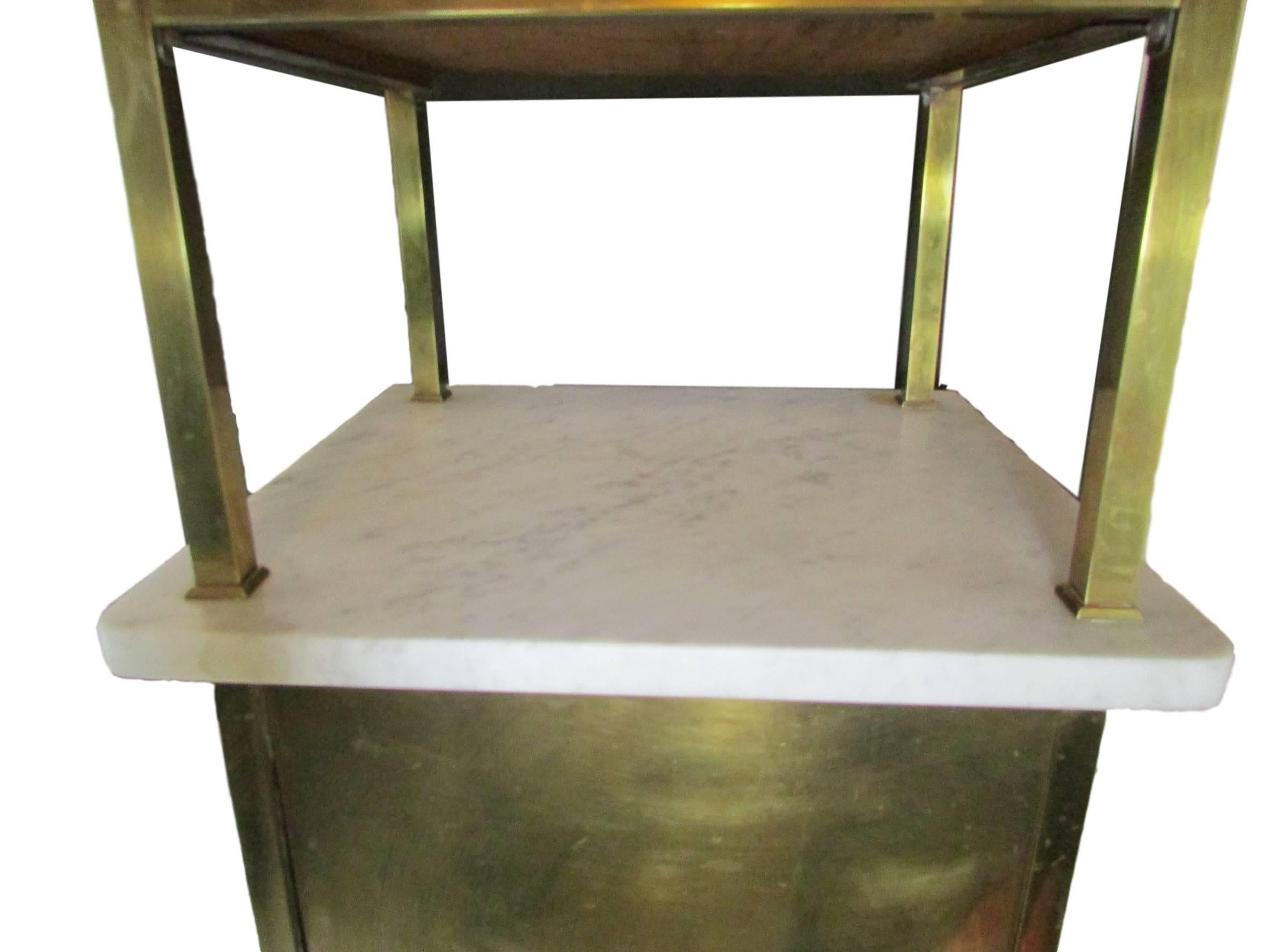 Brass and Marble Side Table with Drawer and Cabinet In Good Condition In Seattle, WA