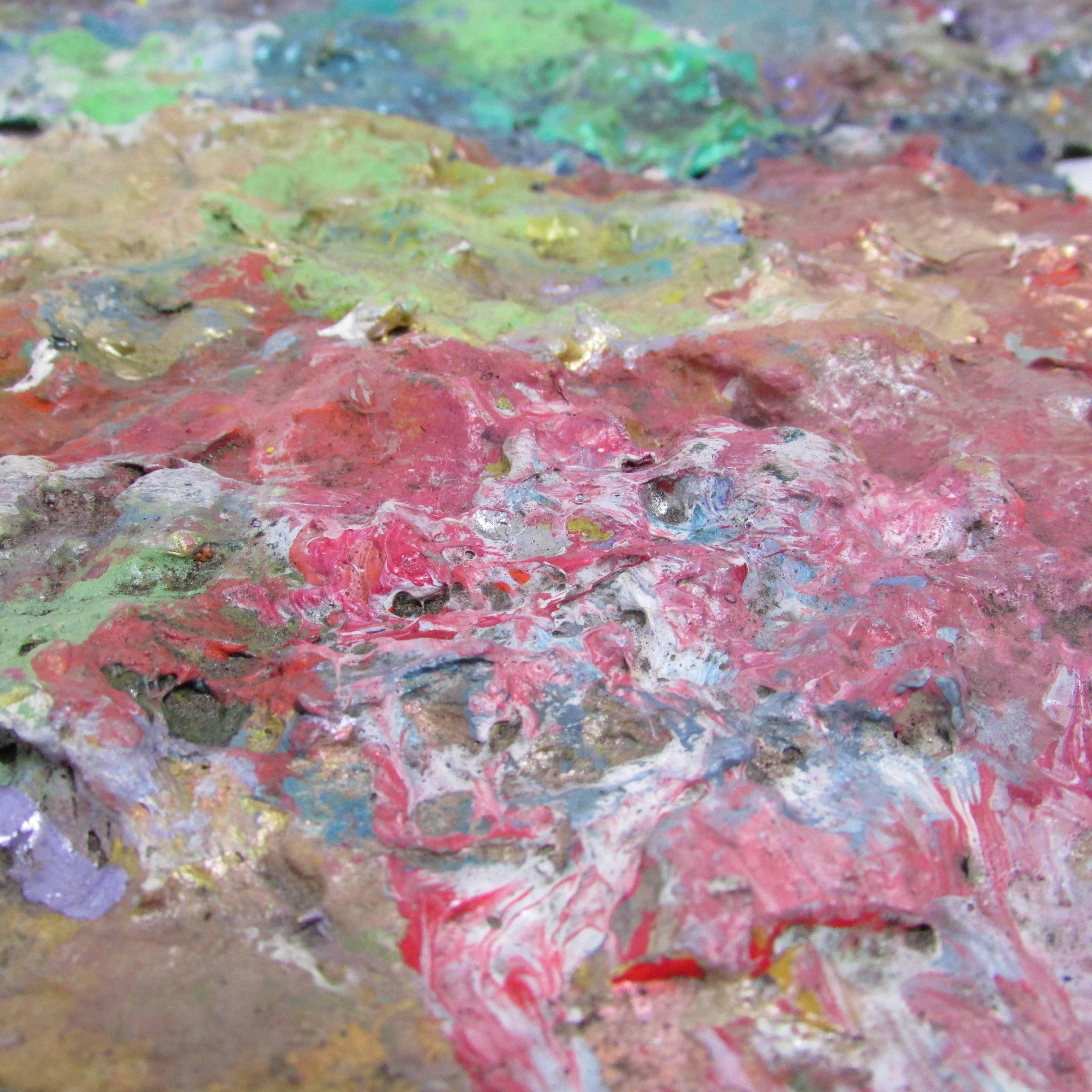 This is a beautifully vibrant artists paint palette once belonging to Seattle artist Joe Reno. Years of use create paint build-up with wonderful colors and texture. Signed on the back.