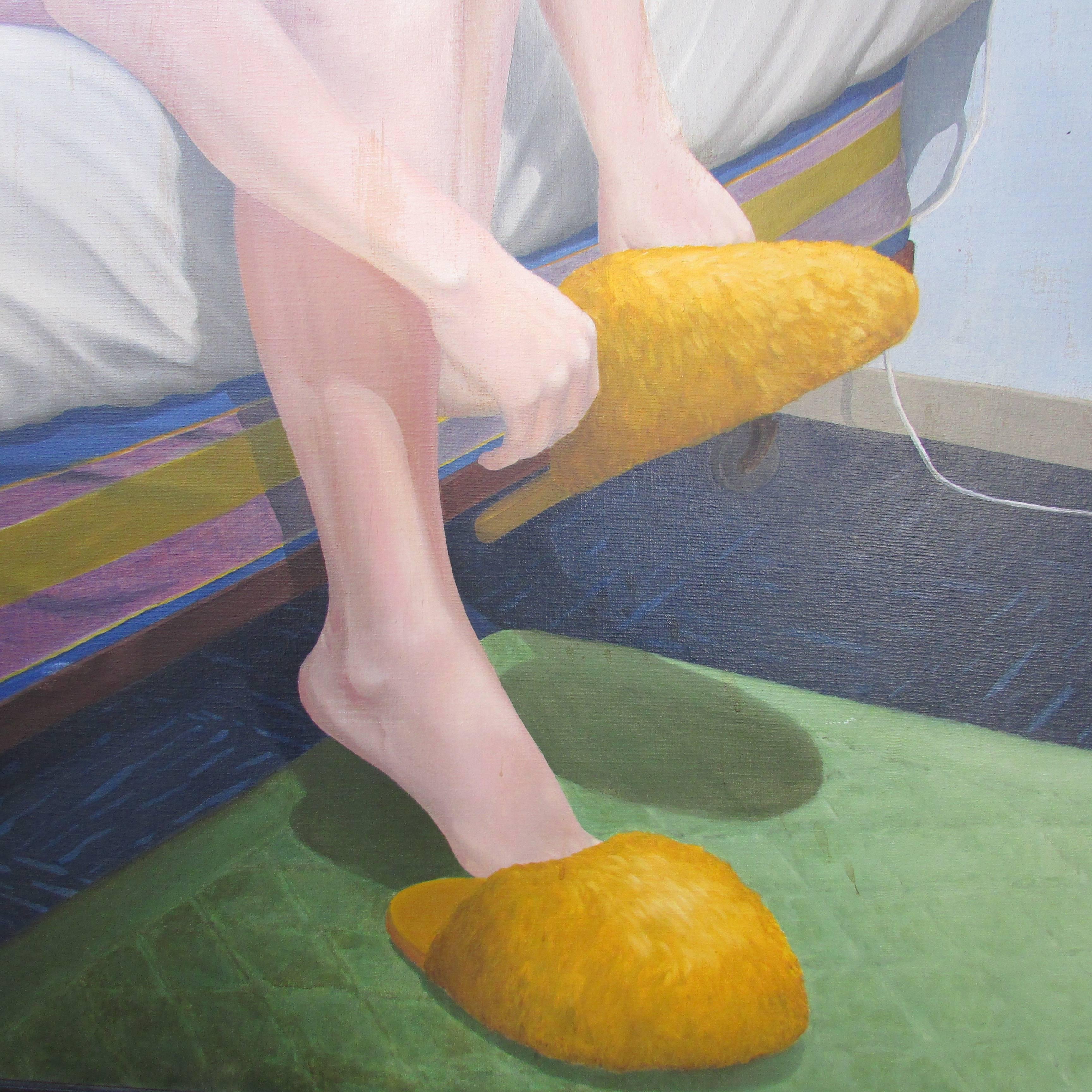 This is a Mid-Century, large-scale oil on canvas signed and dated 'Edward L. Higgins, 1967'. Titled ‘Bedroom #5', the vibrant colors and big yellow slippers make this piece appealing and relatable.