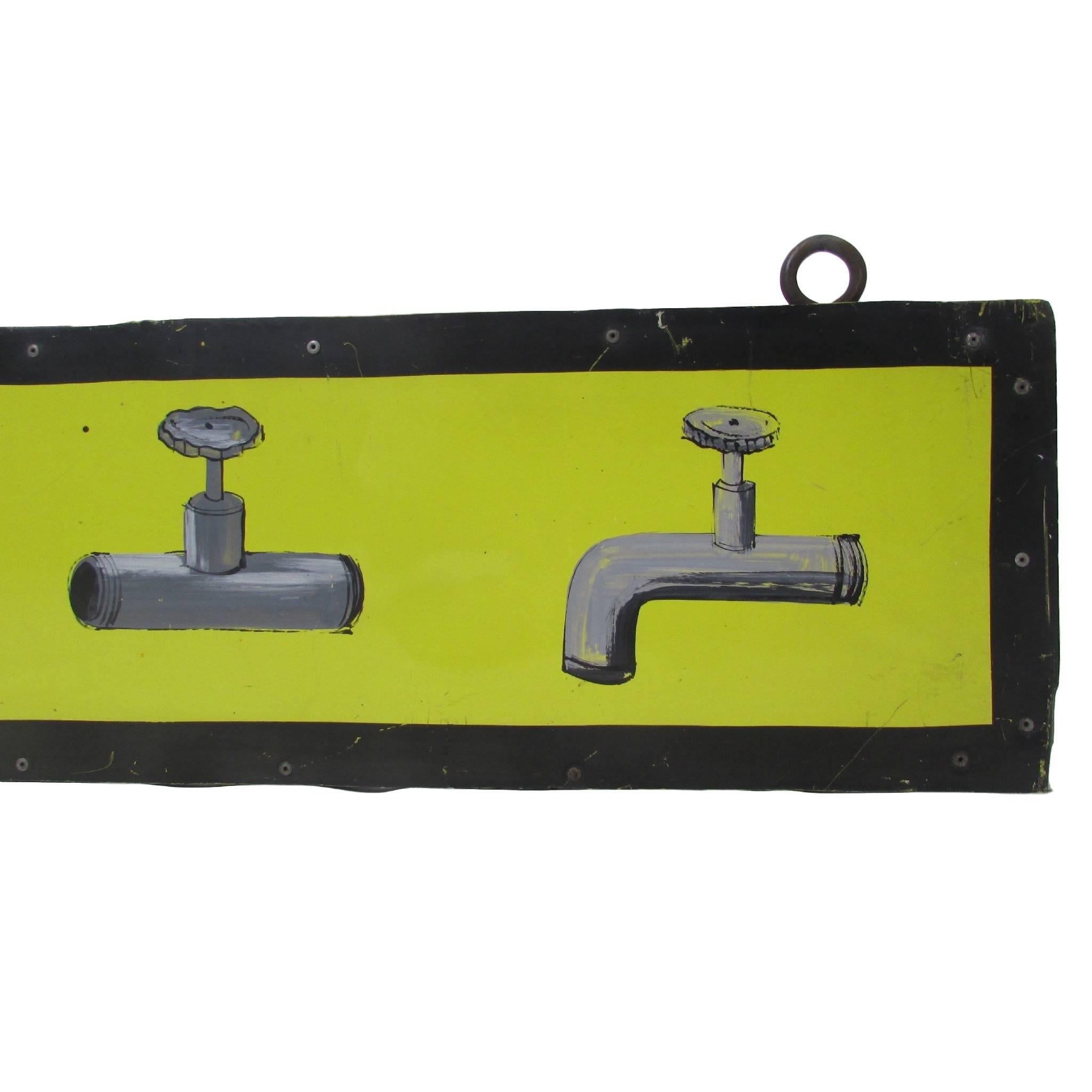 This is a unique and playful vintage hand painted metal hardware sign mounted on an aluminum frame. The hand painted images include a paint can, paint brush, paint roller, drill, jigsaw, light bulb, fluorescent tube, plumbing, and a water spigot.  
