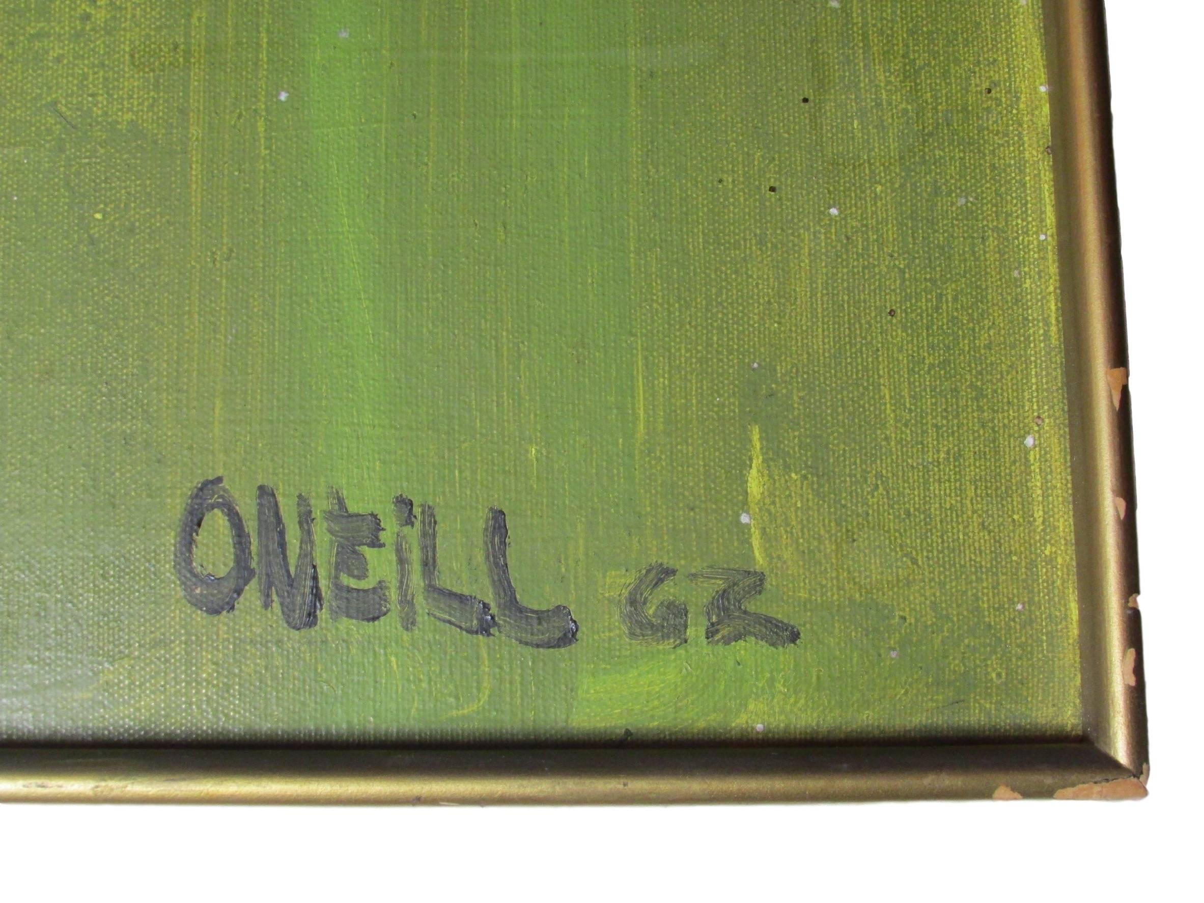 This is vintage untitled abstract oil on canvas signed and dated ‘Oneill ‘62’ in it’s original wood frame.