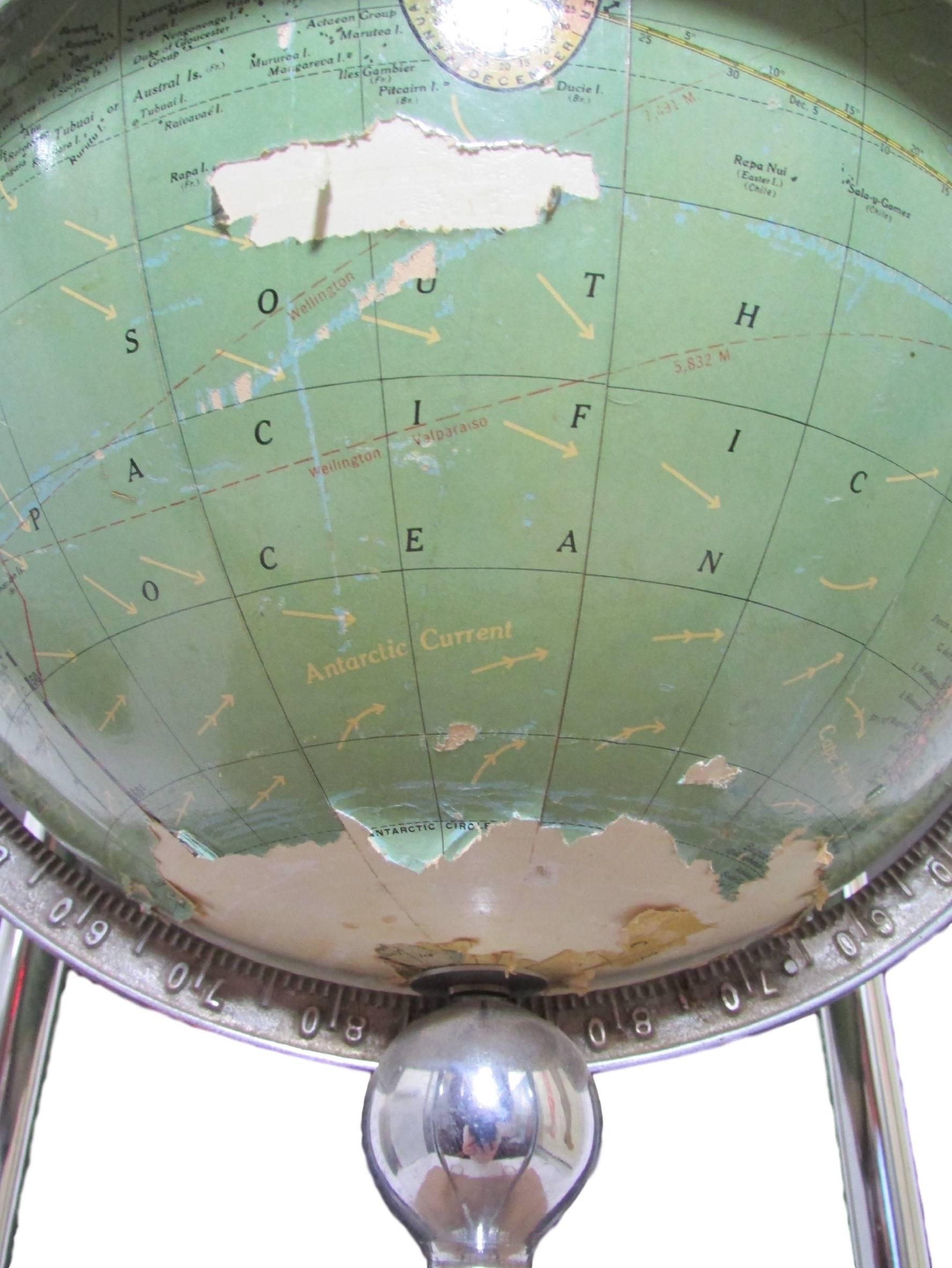 American Art Deco World Globe with Tubular Chrome Stand