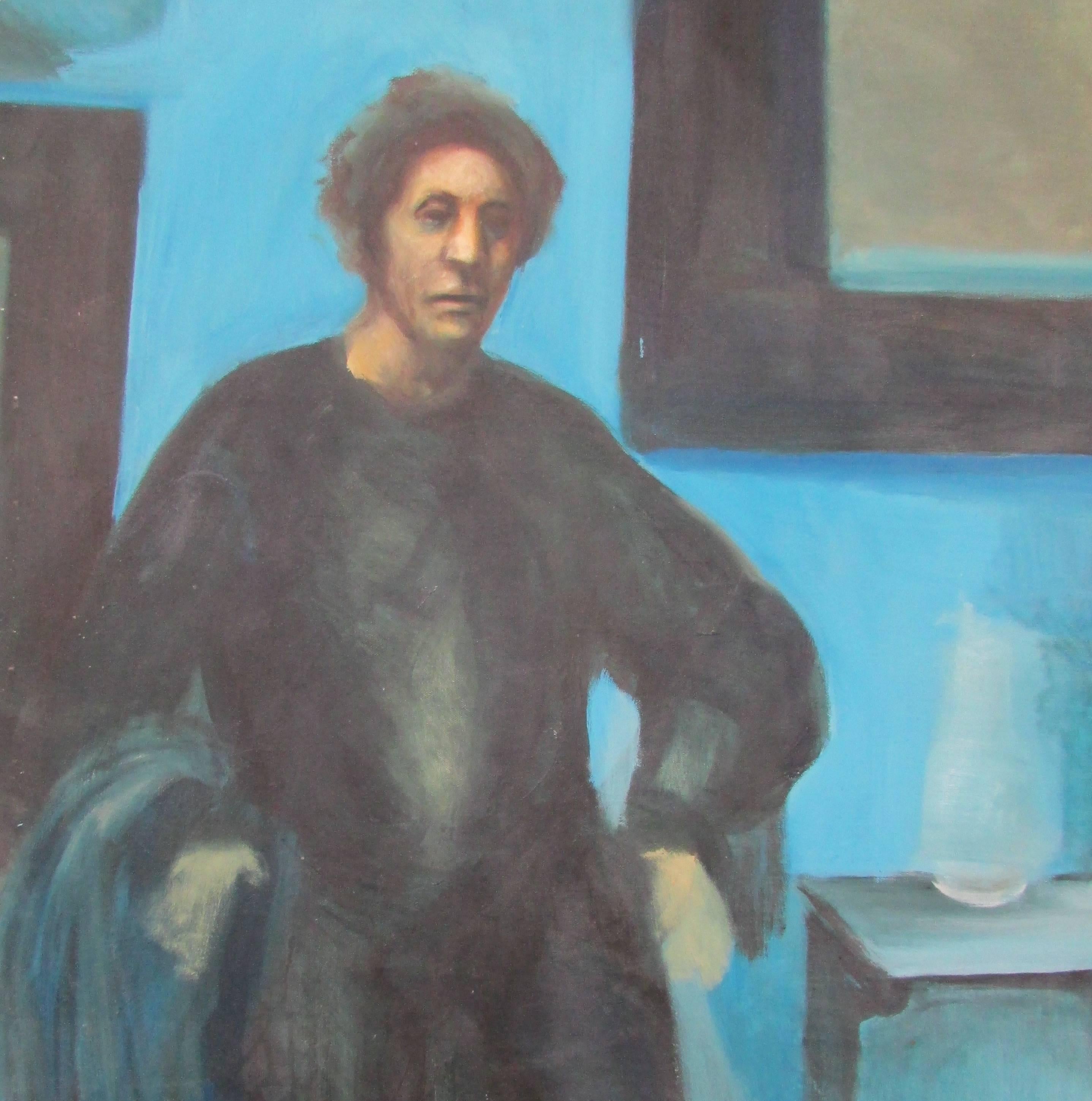 This is a moody oil on canvas of a somber man standing in a blue room.  